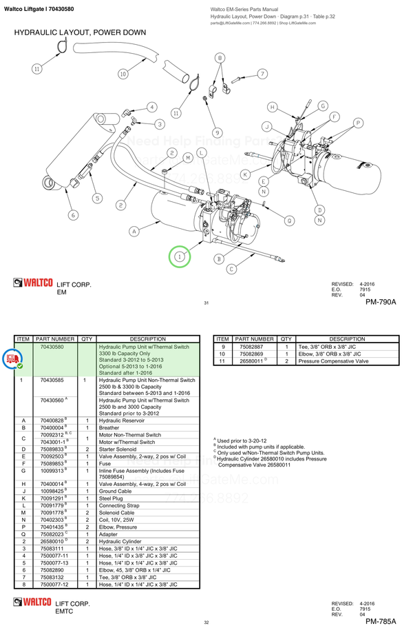 Waltco Liftgate | 70430580 — Hydraulic Layout, Power Down · Diagram p.31 · Table p.32 (Waltco EM-Series Parts Manual)