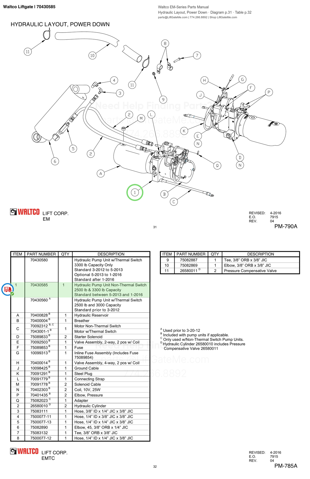Waltco Liftgate | 70430585 — Hydraulic Layout, Power Down · Diagram p.31 · Table p.32 (Waltco EM-Series Parts Manual)
