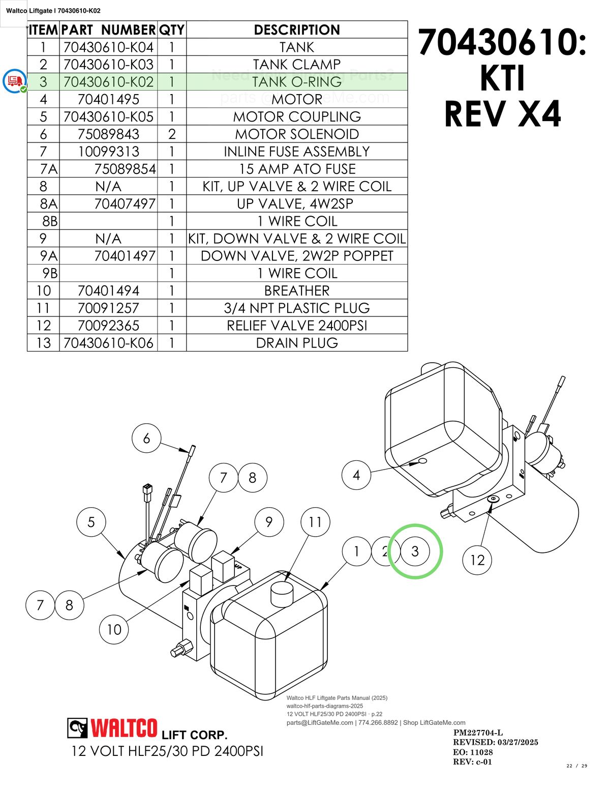 Waltco Liftgate | 70430610-k02 — 12 VOLT HLF25/30 PD 2400PSI · p.22 (Waltco HLF Parts Manual)