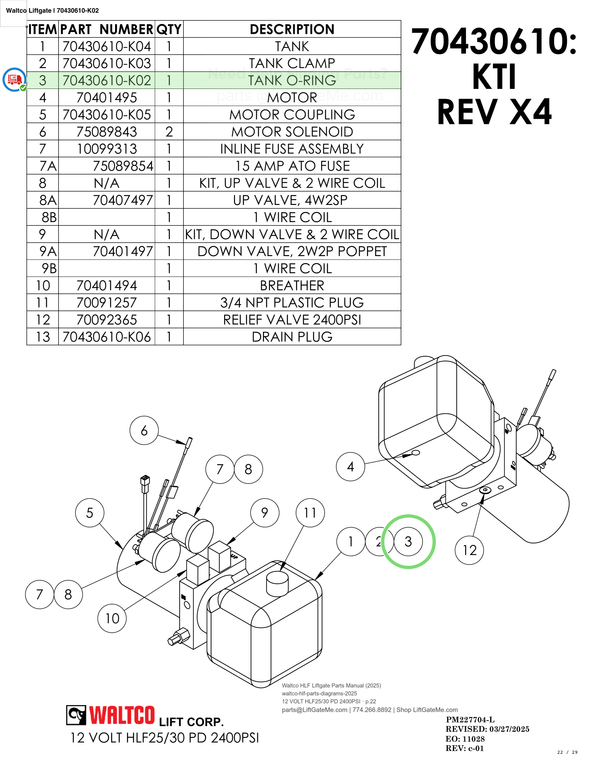 Waltco Liftgate | 70430610-k02 — 12 VOLT HLF25/30 PD 2400PSI · p.22 (Waltco HLF Parts Manual)