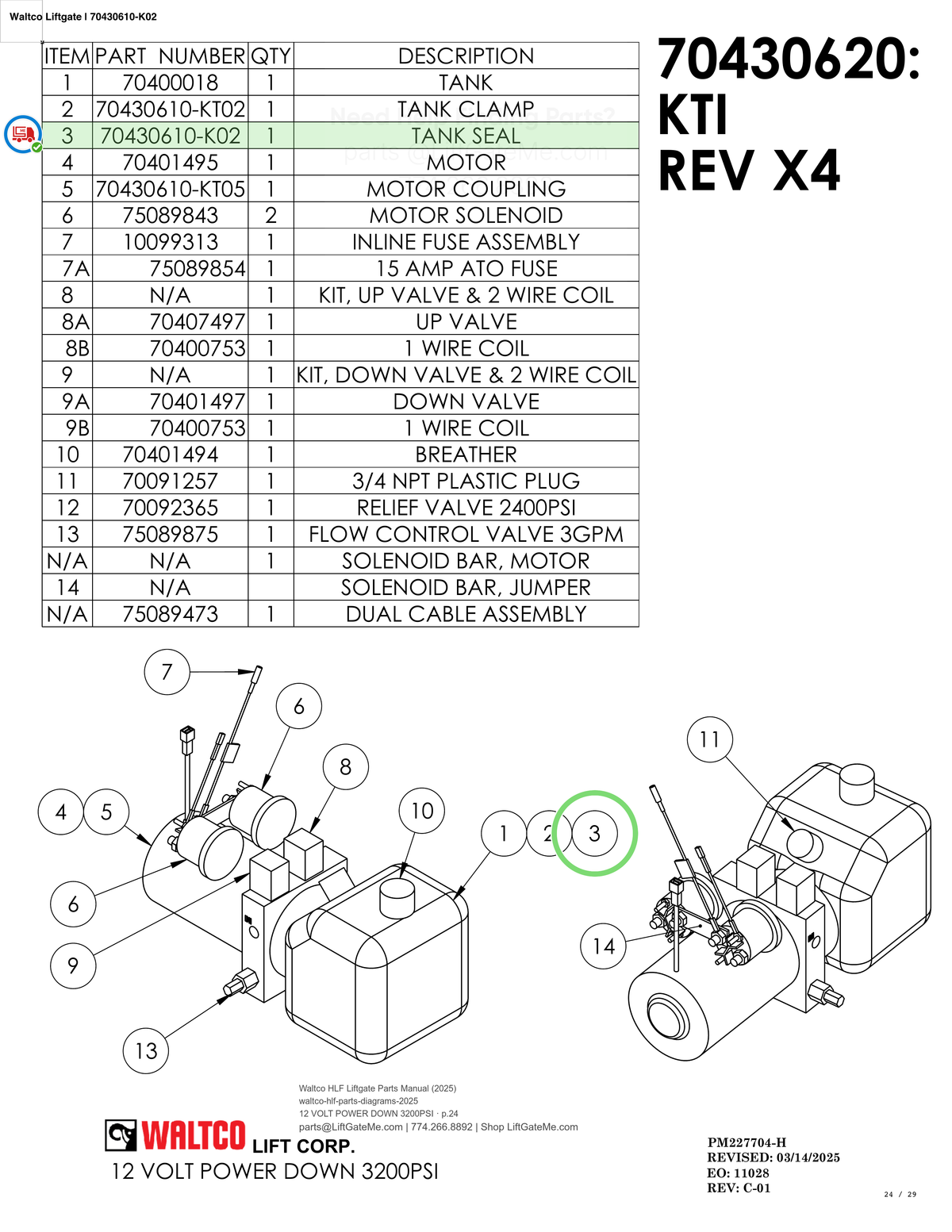 Waltco Liftgate | 70430610-k02 — 12 VOLT POWER DOWN 3200PSI · p.24 (Waltco HLF Parts Manual)