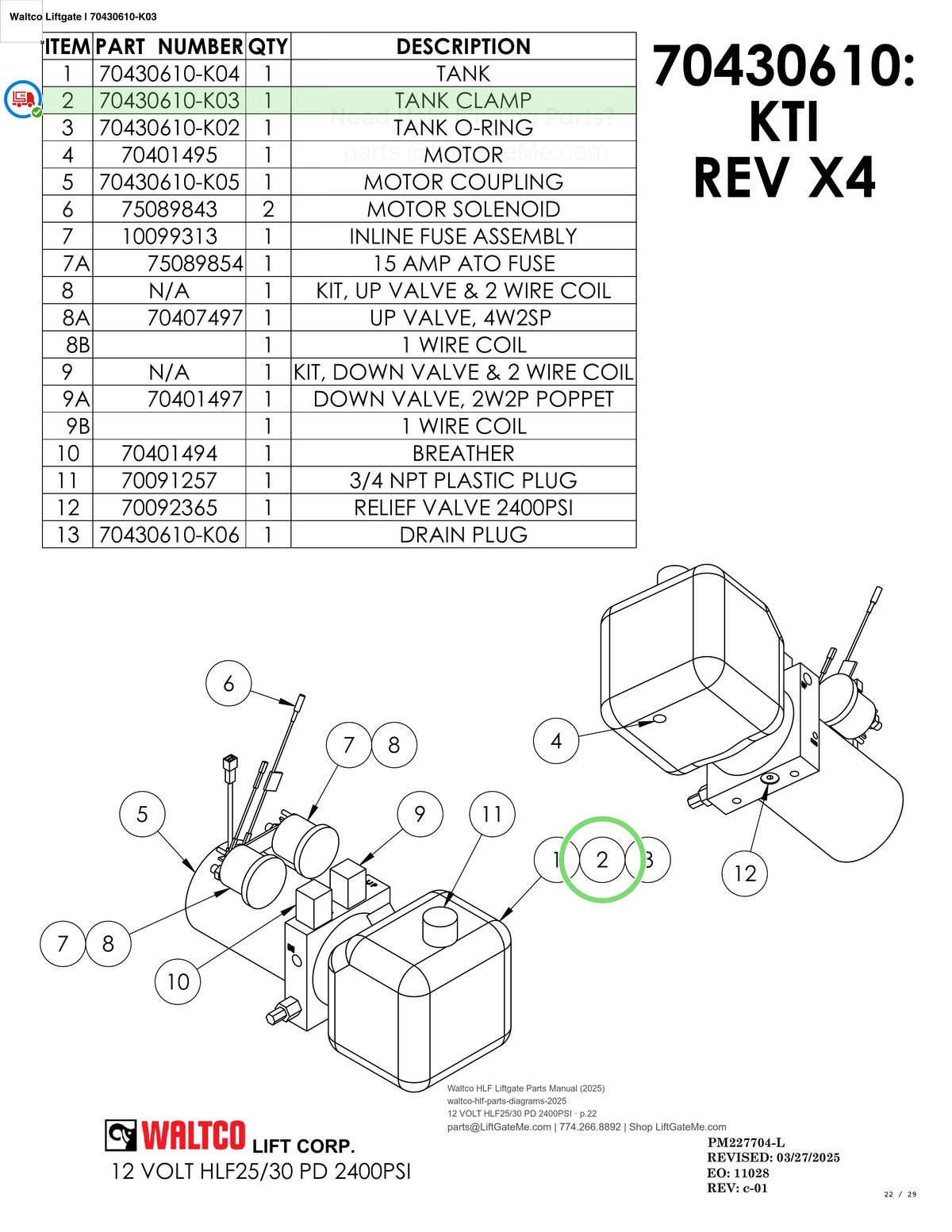 Waltco Liftgate | 70430610-k03 — 12 VOLT HLF25/30 PD 2400PSI · p.22 (Waltco HLF Parts Manual)