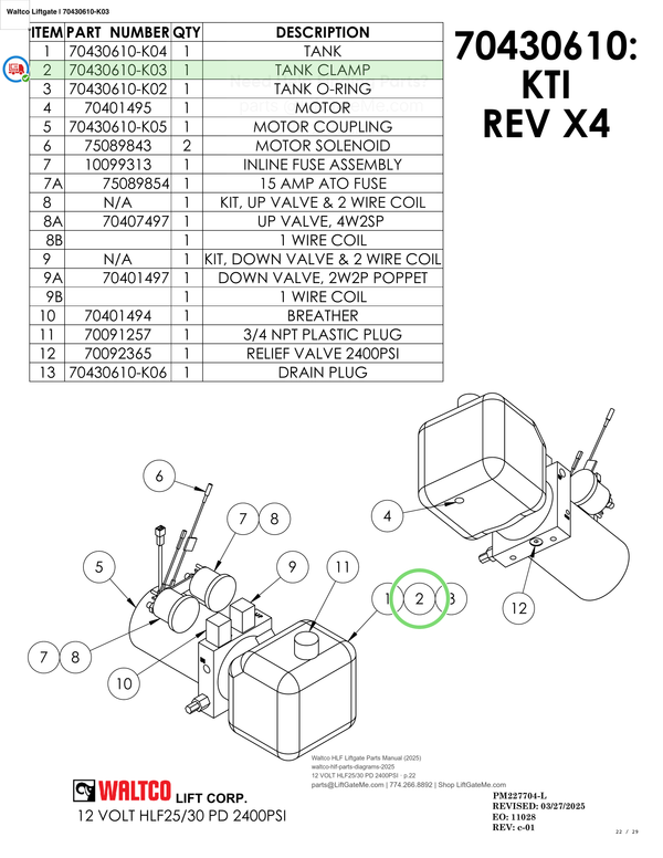 Waltco Liftgate | 70430610-k03 — 12 VOLT HLF25/30 PD 2400PSI · p.22 (Waltco HLF Parts Manual)
