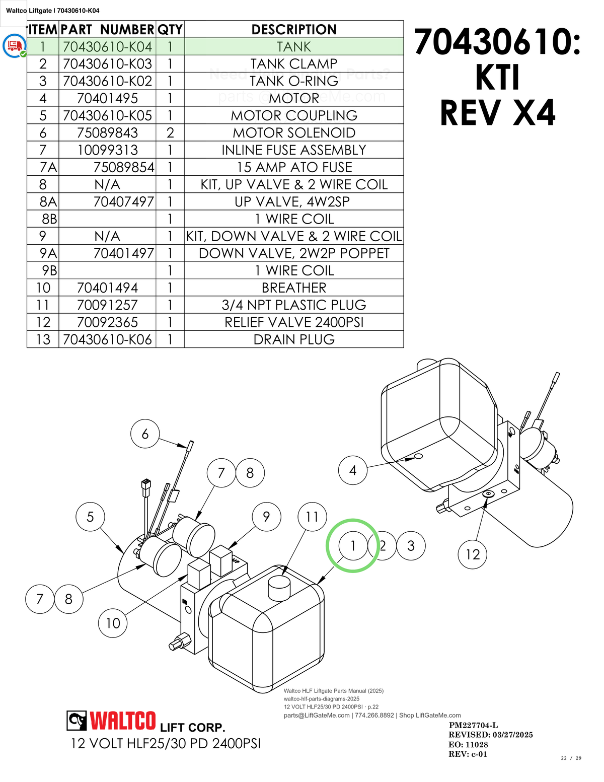 Waltco Liftgate | 70430610-k04 — 12 VOLT HLF25/30 PD 2400PSI · p.22 (Waltco HLF Parts Manual)