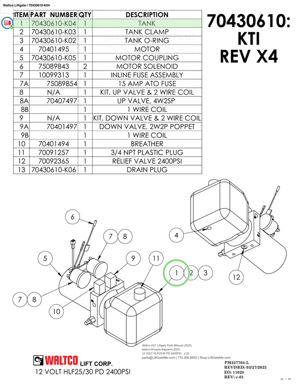 Waltco Liftgate | 70430610-k04 — 12 VOLT HLF25/30 PD 2400PSI · p.22 (Waltco HLF Parts Manual)