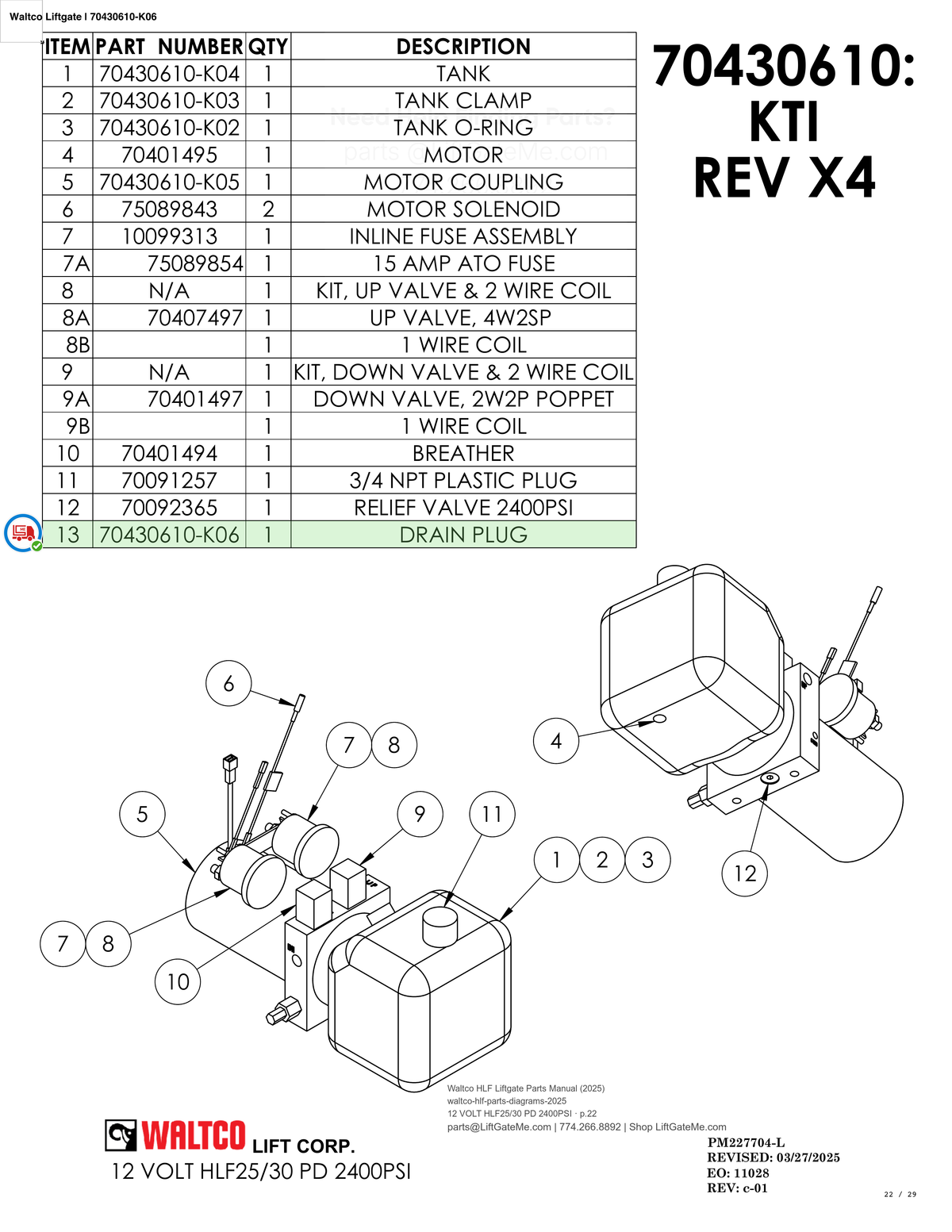 Waltco Liftgate | 70430610-k06 — 12 VOLT HLF25/30 PD 2400PSI · p.22 (Waltco HLF Parts Manual)