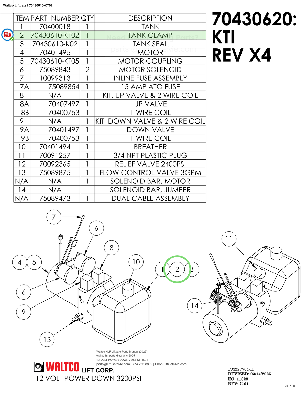 Waltco Liftgate | 70430610-kt02 — 12 VOLT POWER DOWN 3200PSI · p.24 (Waltco HLF Parts Manual)