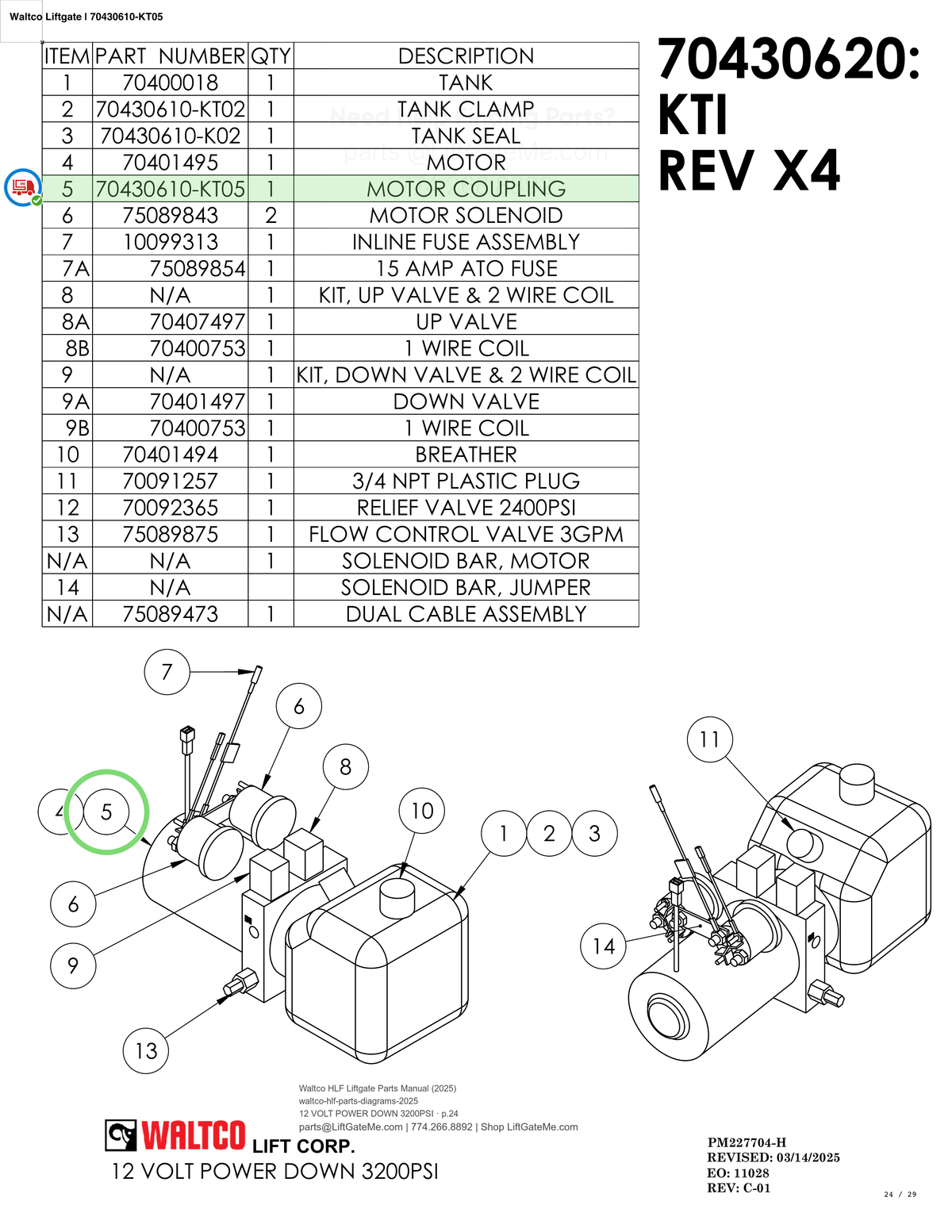 Waltco Liftgate | 70430610-kt05 — 12 VOLT POWER DOWN 3200PSI · p.24 (Waltco HLF Parts Manual)