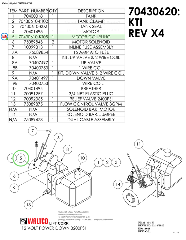 Waltco Liftgate | 70430610-kt05 — 12 VOLT POWER DOWN 3200PSI · p.24 (Waltco HLF Parts Manual)