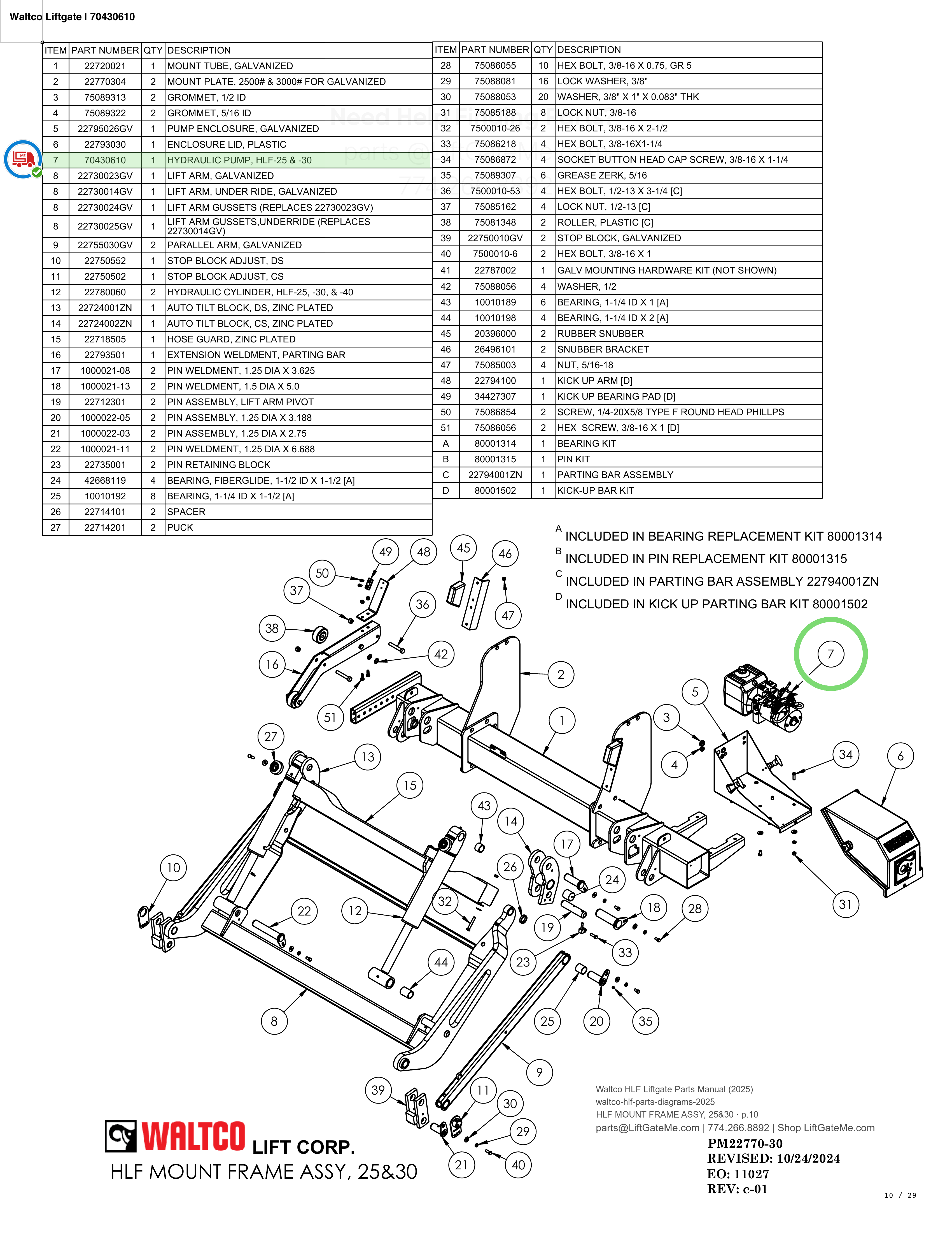 Waltco Liftgate | 70430610 — HLF MOUNT FRAME ASSY, 25&30 · p.10 (Waltco HLF Parts Manual)