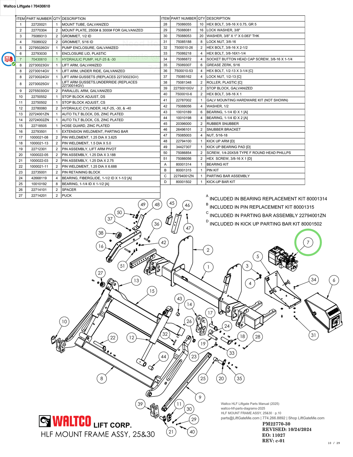 Waltco Liftgate | 70430610 — HLF MOUNT FRAME ASSY, 25&30 · p.10 (Waltco HLF Parts Manual)