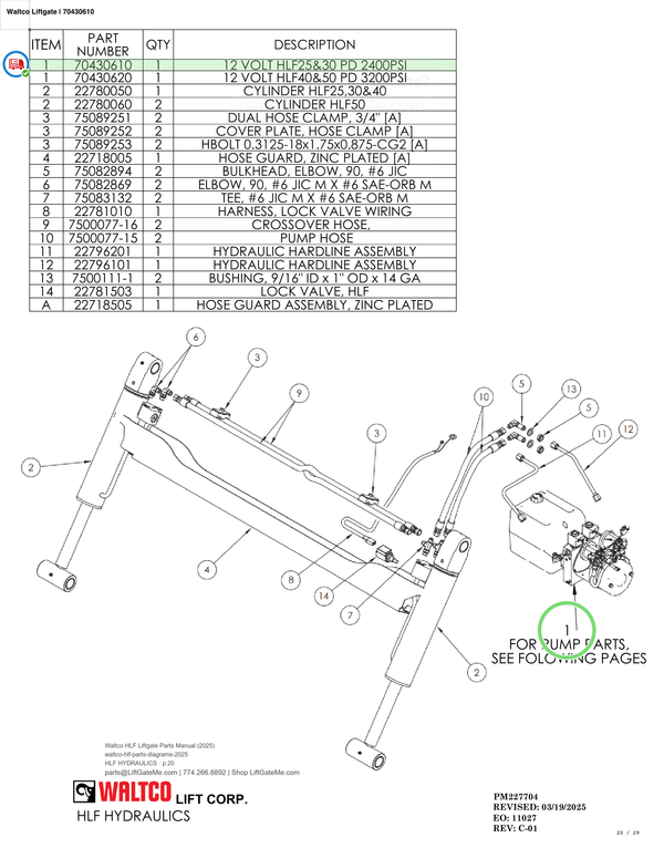 Waltco Liftgate | 70430610 — HLF HYDRAULICS · p.20 (Waltco HLF Parts Manual)