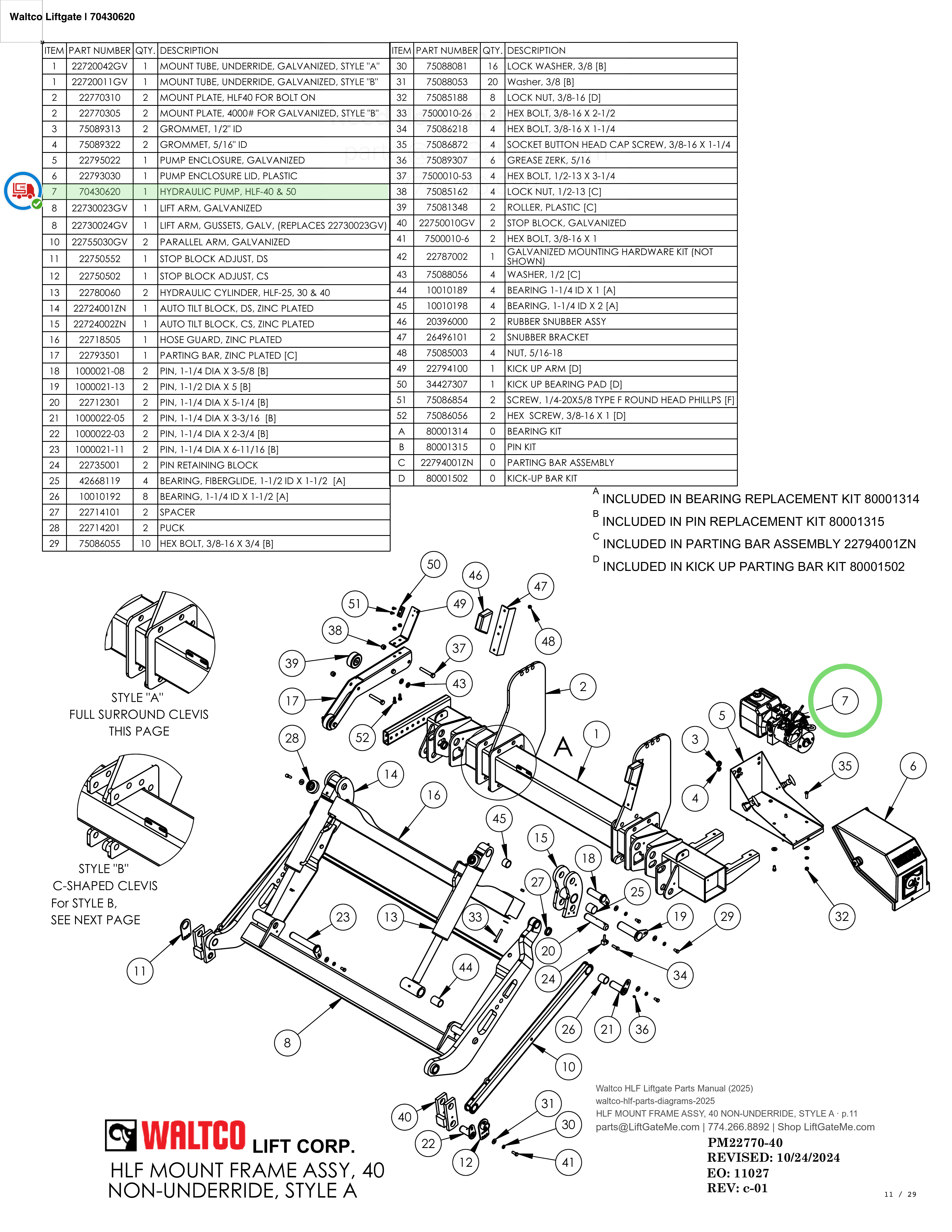 Waltco Liftgate | 70430620 — HLF MOUNT FRAME ASSY, 40 NON-UNDERRIDE, STYLE A · p.11 (Waltco HLF Parts Manual)