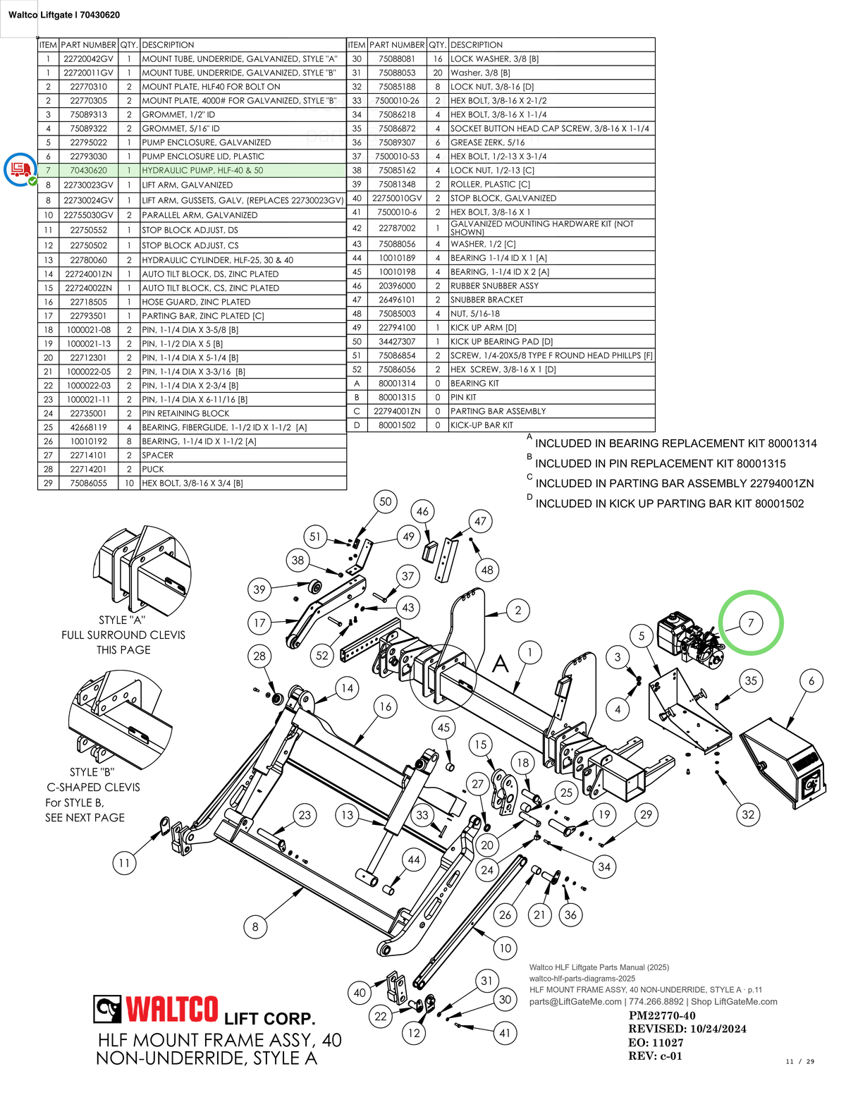 Waltco Liftgate | 70430620 — HLF MOUNT FRAME ASSY, 40 NON-UNDERRIDE, STYLE A · p.11 (Waltco HLF Parts Manual)