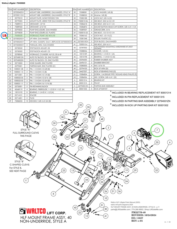 Waltco Liftgate | 70430620 — HLF MOUNT FRAME ASSY, 40 NON-UNDERRIDE, STYLE A · p.11 (Waltco HLF Parts Manual)