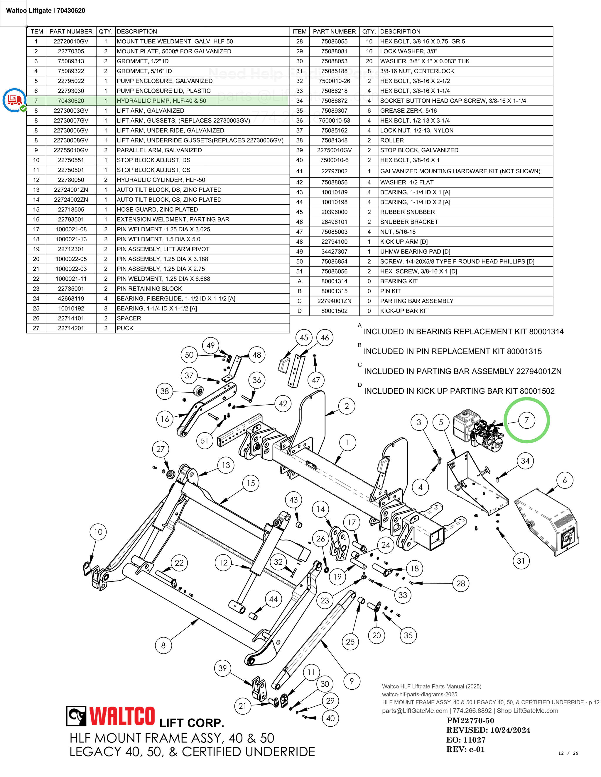 Waltco Liftgate | 70430620 — HLF MOUNT FRAME ASSY, 40 & 50 LEGACY 40, 50, & CERTIFIED UNDERRIDE · p.12 (Waltco HLF Parts Manual)