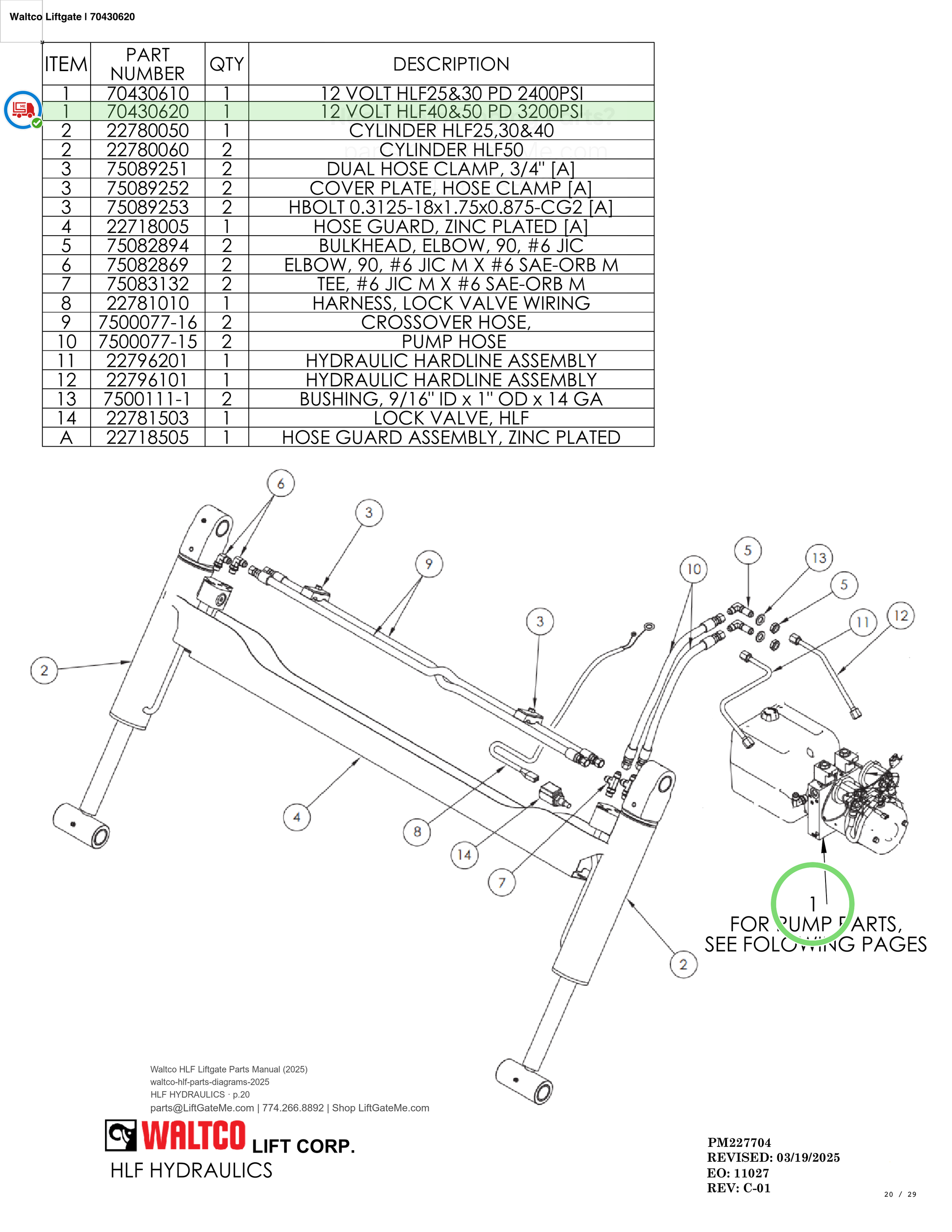 Waltco Liftgate | 70430620 — HLF HYDRAULICS · p.20 (Waltco HLF Parts Manual)