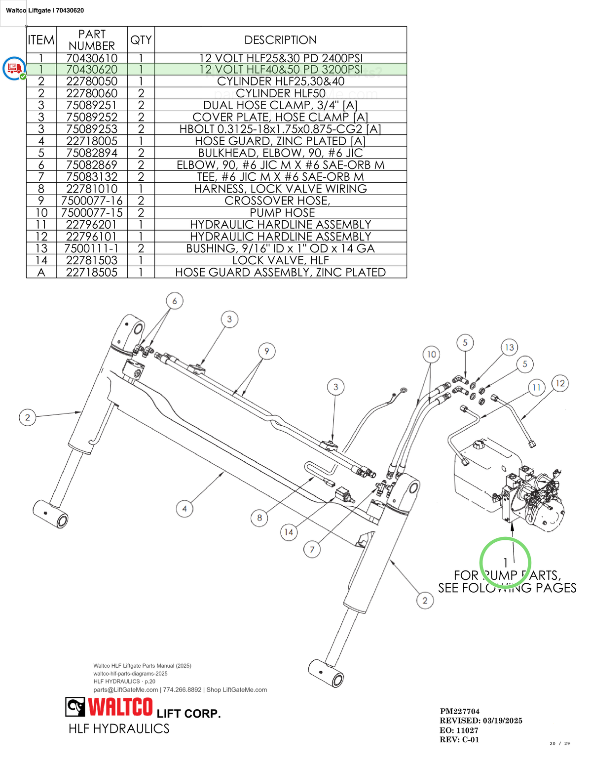 Waltco Liftgate | 70430620 — HLF HYDRAULICS · p.20 (Waltco HLF Parts Manual)