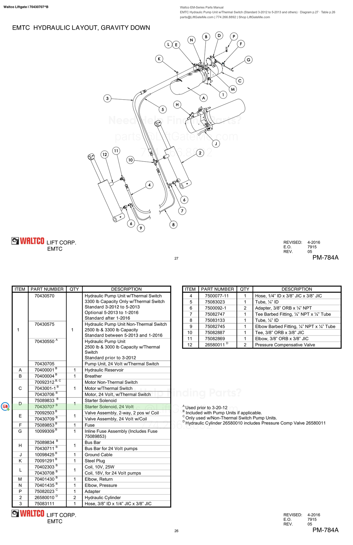 Waltco Liftgate | 70430707 — EMTC Hydraulic Pump Unit w/Thermal Switch (Standard 3-2012 to 5-2013 and others) · Diagram p.27 · Table p.26 (Waltco EM-Series Parts Manual)