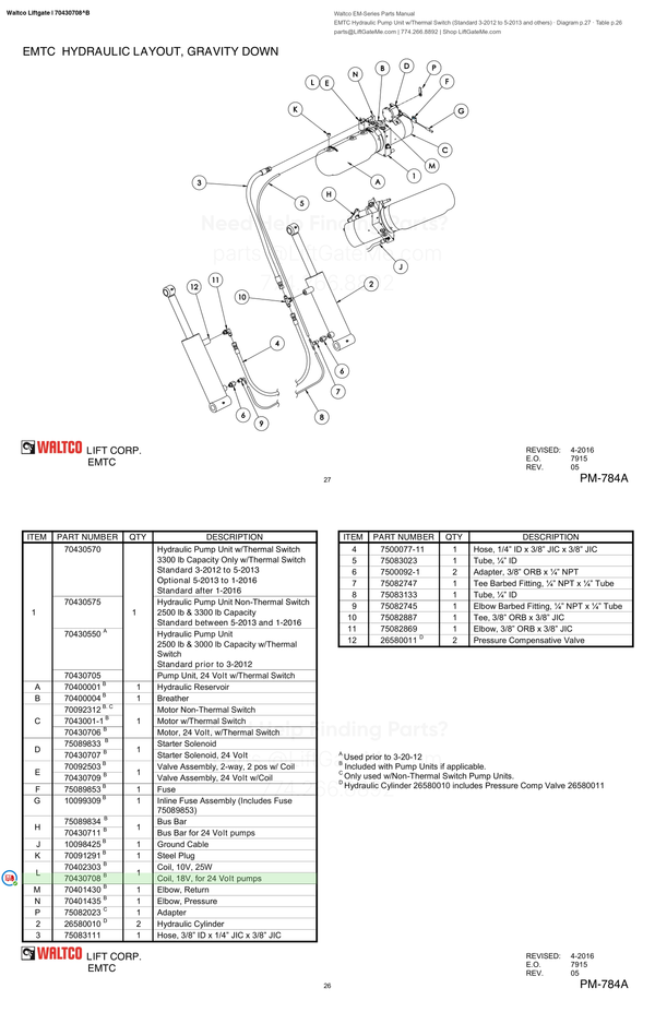 Waltco Liftgate | 70430708 — EMTC Hydraulic Pump Unit w/Thermal Switch (Standard 3-2012 to 5-2013 and others) · Diagram p.27 · Table p.26 (Waltco EM-Series Parts Manual)
