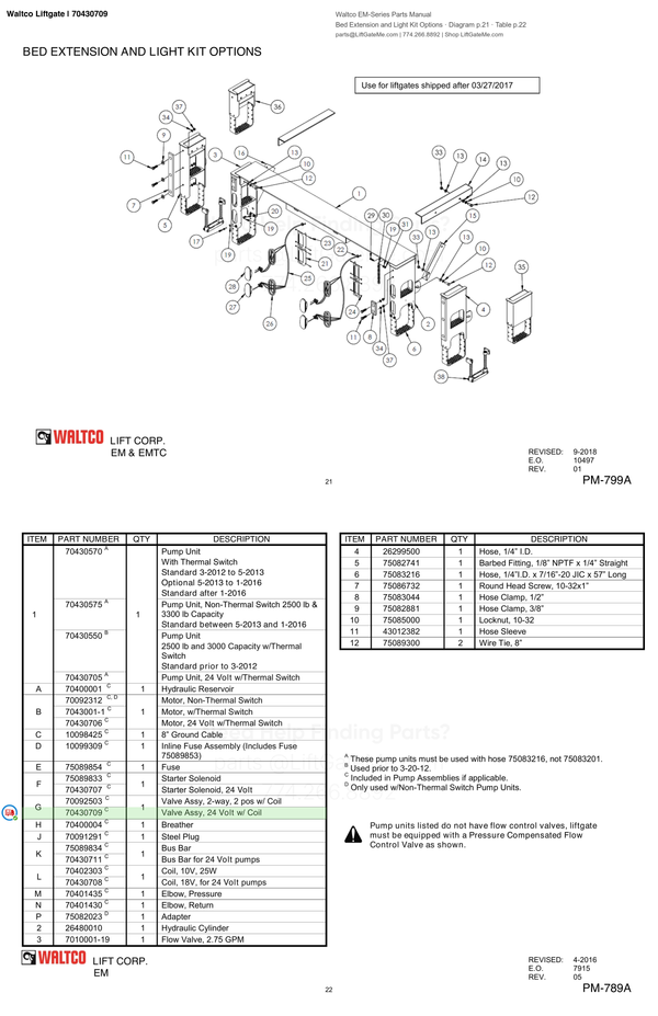 Waltco Liftgate | 70430709 — Bed Extension and Light Kit Options · Diagram p.21 · Table p.22 (Waltco EM-Series Parts Manual)