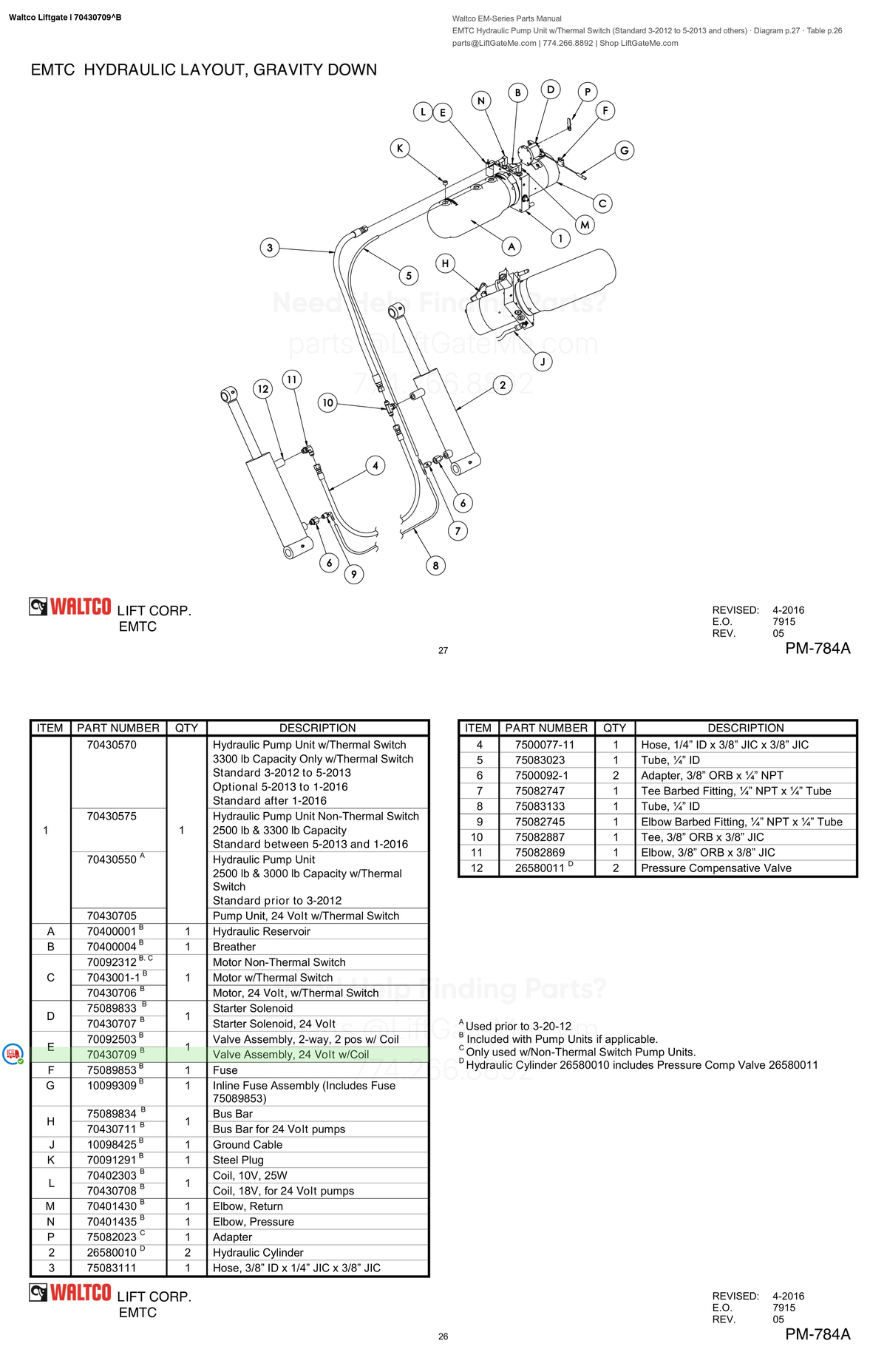 Waltco Liftgate | 70430709 — EMTC Hydraulic Pump Unit w/Thermal Switch (Standard 3-2012 to 5-2013 and others) · Diagram p.27 · Table p.26 (Waltco EM-Series Parts Manual)