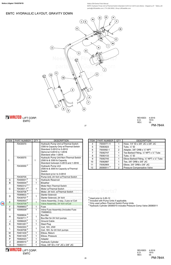Waltco Liftgate | 70430709 — EMTC Hydraulic Pump Unit w/Thermal Switch (Standard 3-2012 to 5-2013 and others) · Diagram p.27 · Table p.26 (Waltco EM-Series Parts Manual)