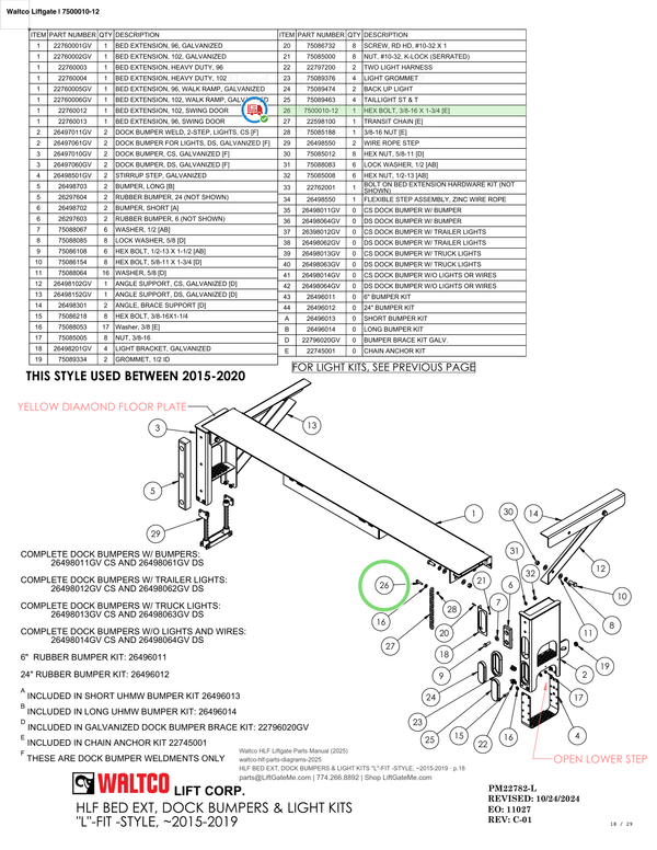 Waltco Liftgate | 7500010-12 — HLF BED EXT, DOCK BUMPERS & LIGHT KITS "L"-FIT -STYLE, ~2015-2019 · p.18 (Waltco HLF Parts Manual)