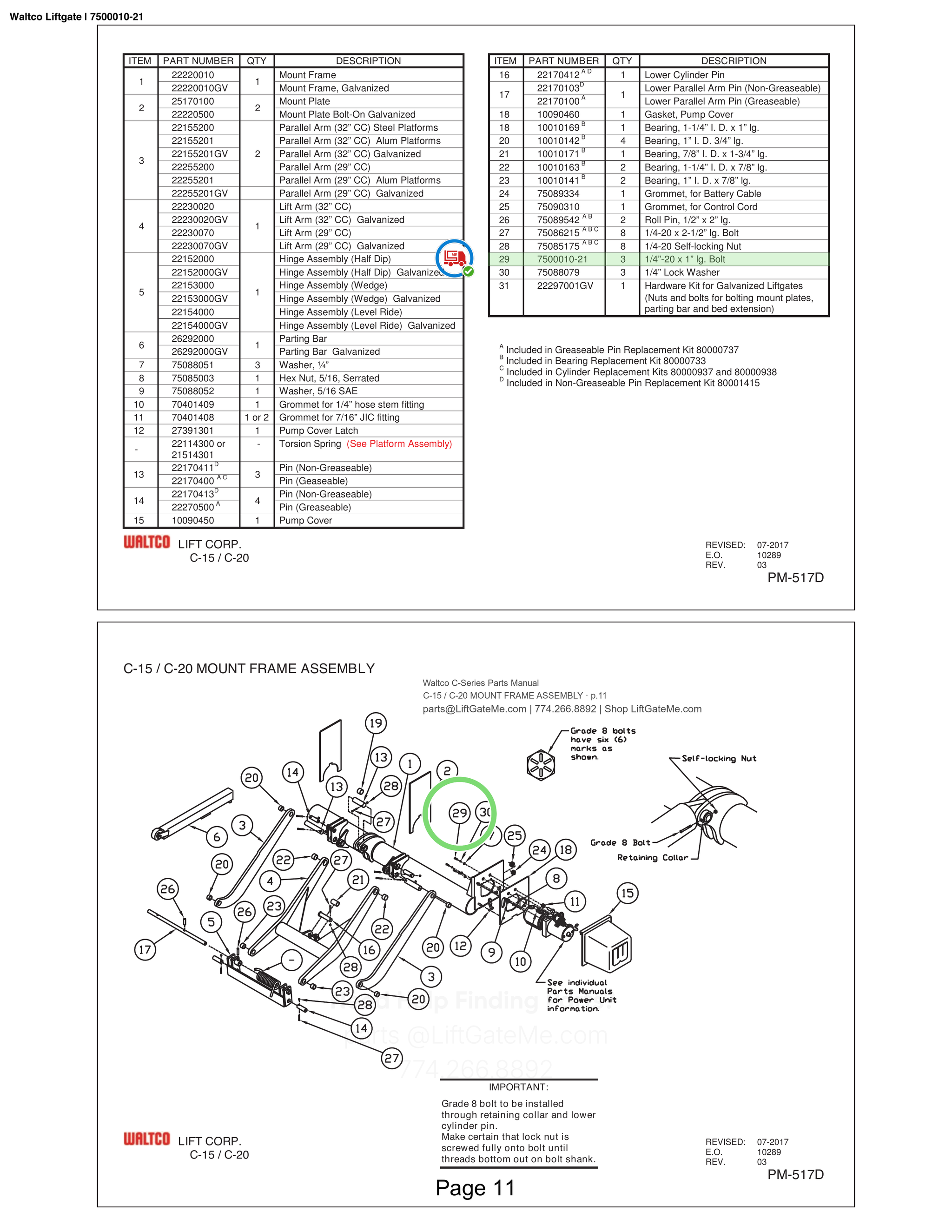 Waltco Liftgate | 7500010-21 — C-15 / C-20 MOUNT FRAME ASSEMBLY · p.11 (Waltco C-Series Parts Manual)