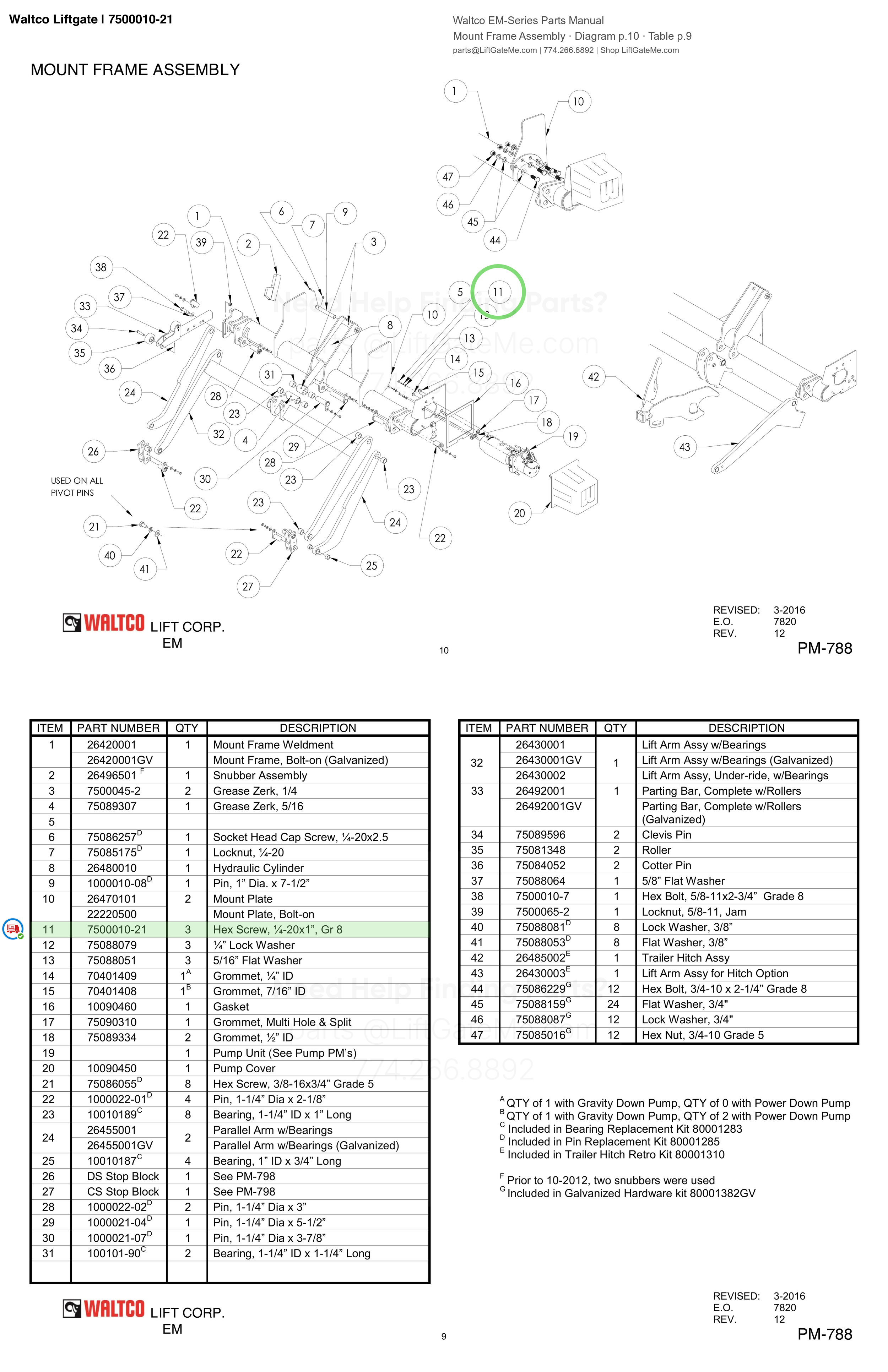 Waltco Liftgate | 7500010-21 — Mount Frame Assembly · Diagram p.10 · Table p.9 (Waltco EM-Series Parts Manual)