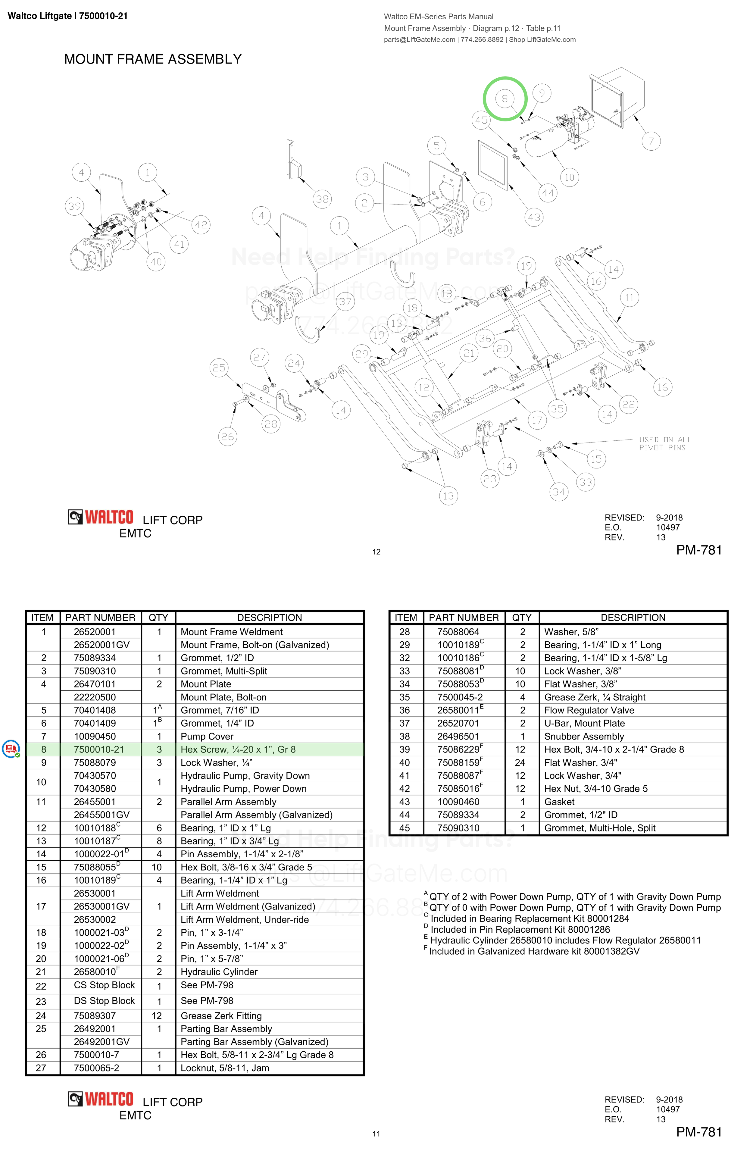 Waltco Liftgate | 7500010-21 — Mount Frame Assembly · Diagram p.12 · Table p.11 (Waltco EM-Series Parts Manual)