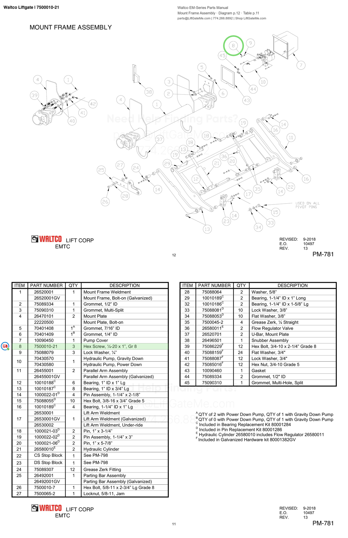 Waltco Liftgate | 7500010-21 — Mount Frame Assembly · Diagram p.12 · Table p.11 (Waltco EM-Series Parts Manual)
