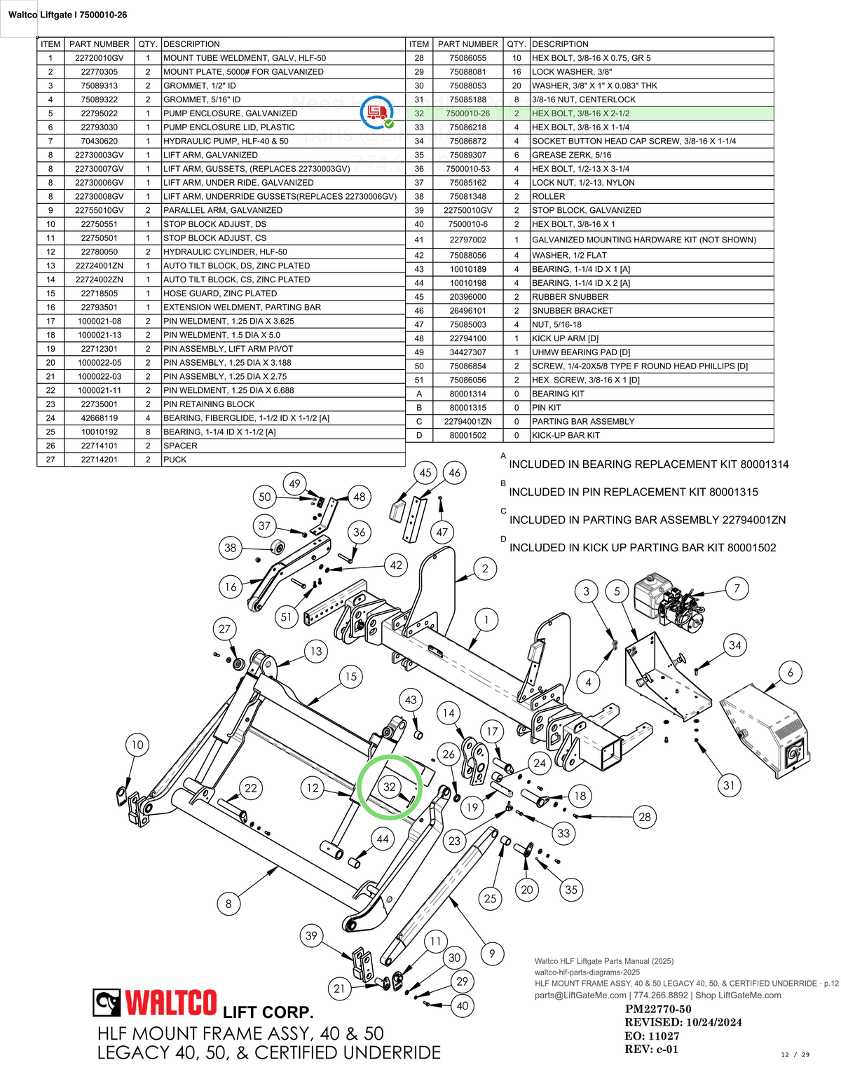 Waltco Liftgate | 7500010-26 — HLF MOUNT FRAME ASSY, 40 & 50 LEGACY 40, 50, & CERTIFIED UNDERRIDE · p.12 (Waltco HLF Parts Manual)