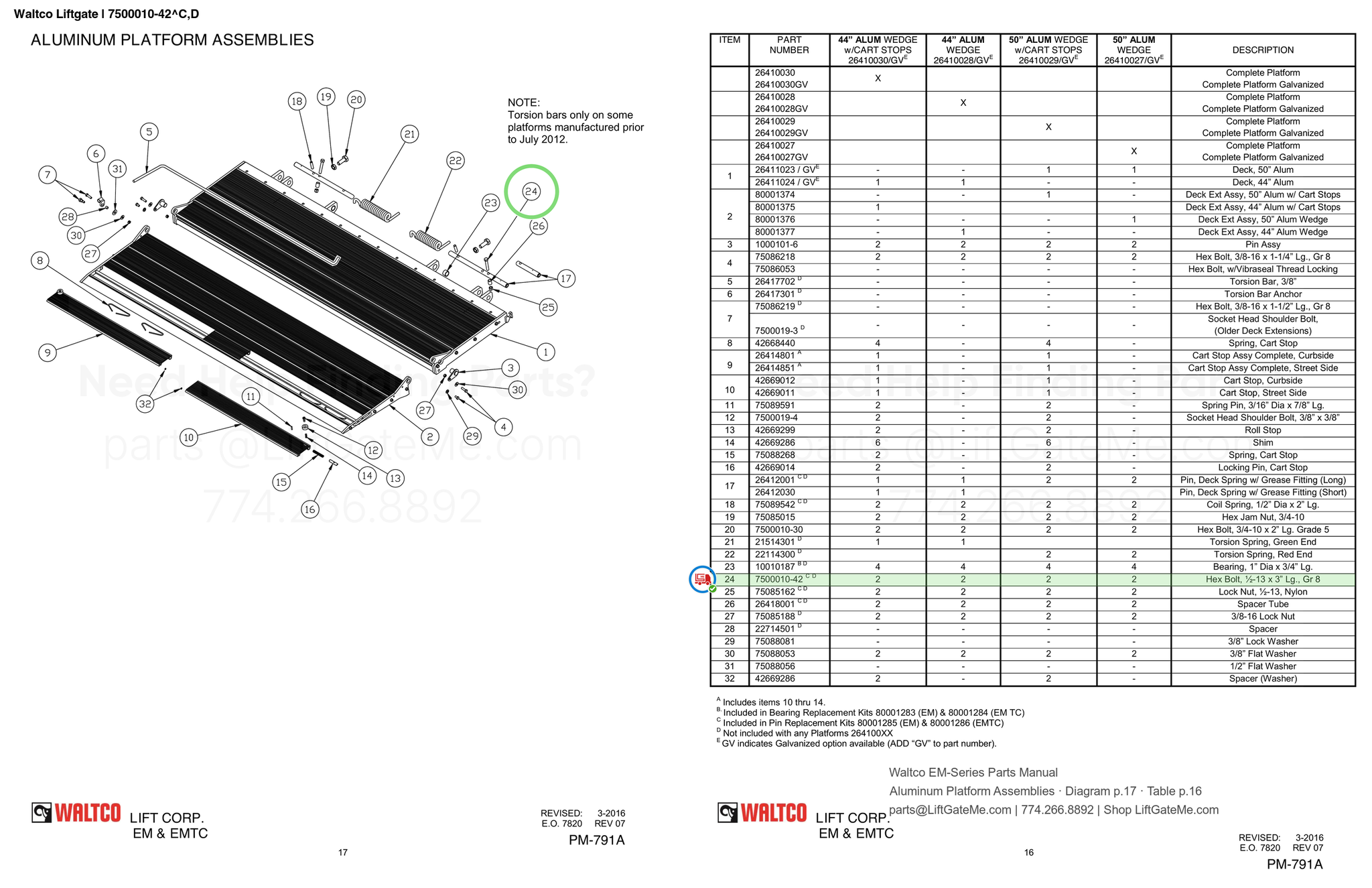 Waltco Liftgate | 7500010-42 — Aluminum Platform Assemblies · Diagram p.17 · Table p.16 (Waltco EM-Series Parts Manual)
