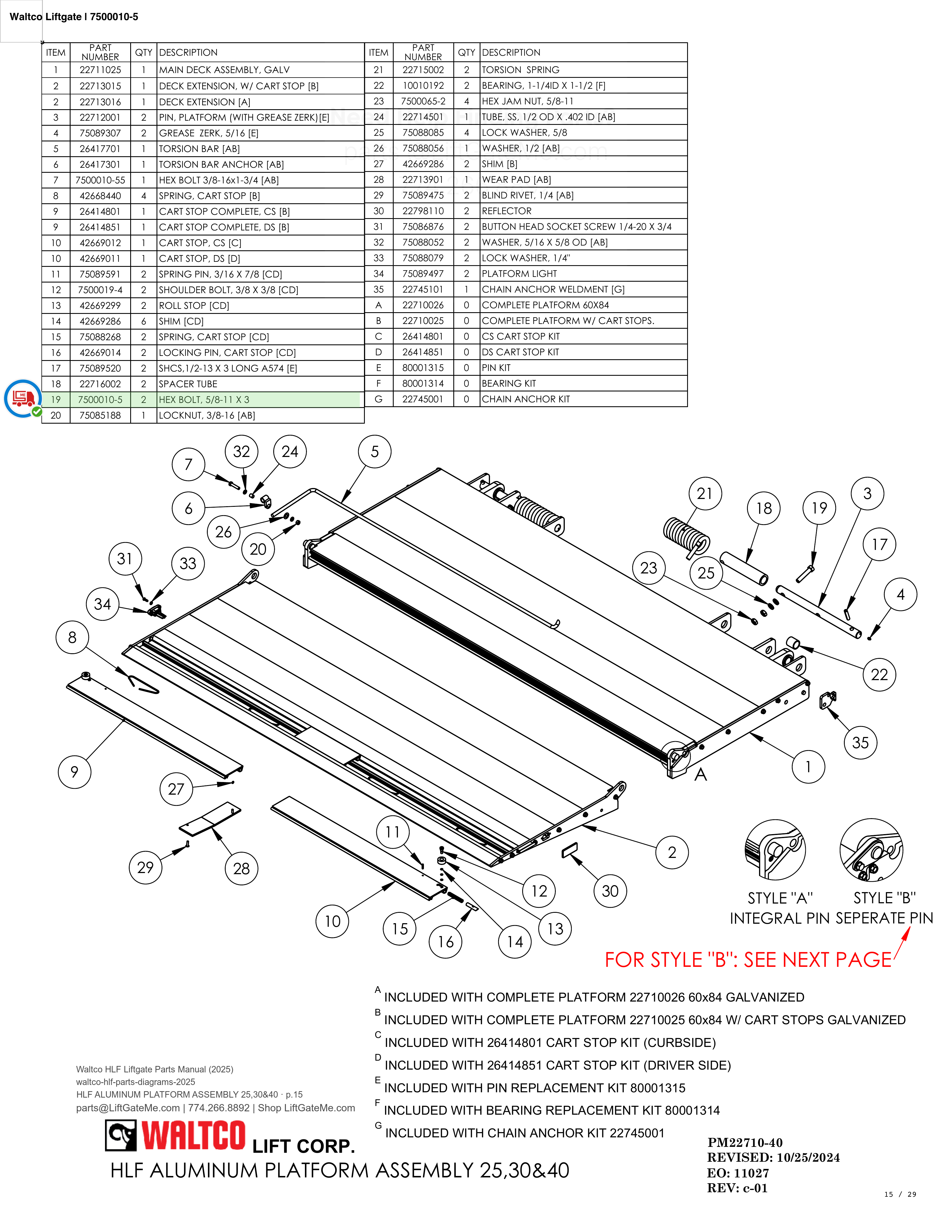 Waltco Liftgate | 7500010-5 — HLF ALUMINUM PLATFORM ASSEMBLY 25,30&40 · p.15 (Waltco HLF Parts Manual)