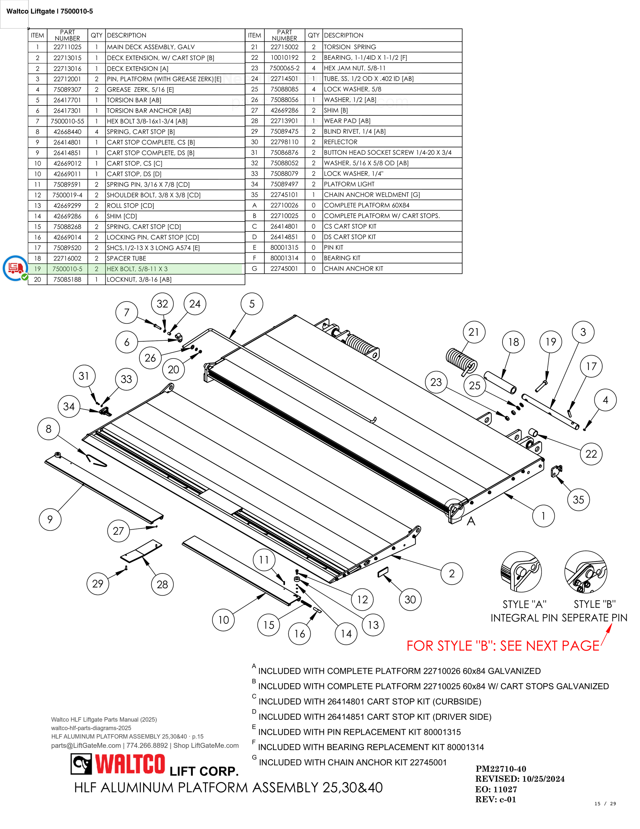 Waltco Liftgate | 7500010-5 — HLF ALUMINUM PLATFORM ASSEMBLY 25,30&40 · p.15 (Waltco HLF Parts Manual)