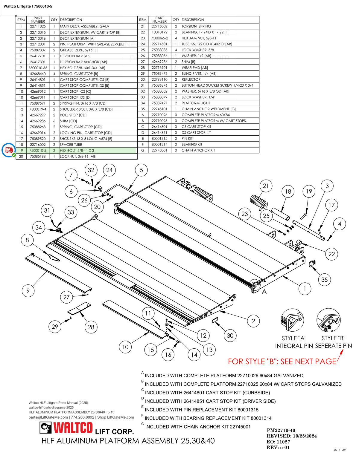 Waltco Liftgate | 7500010-5 — HLF ALUMINUM PLATFORM ASSEMBLY 25,30&40 · p.15 (Waltco HLF Parts Manual)