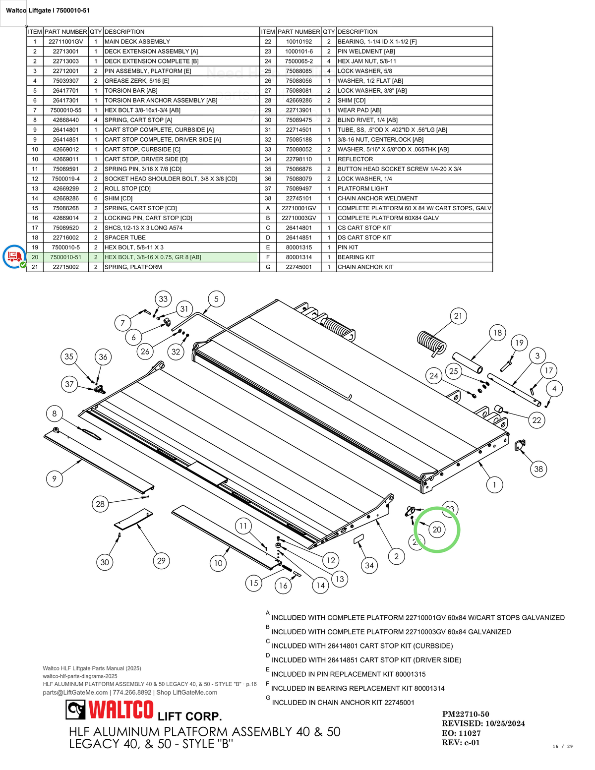 Waltco Liftgate | 7500010-51 — HLF ALUMINUM PLATFORM ASSEMBLY 40 & 50 LEGACY 40, & 50 - STYLE "B" · p.16 (Waltco HLF Parts Manual)