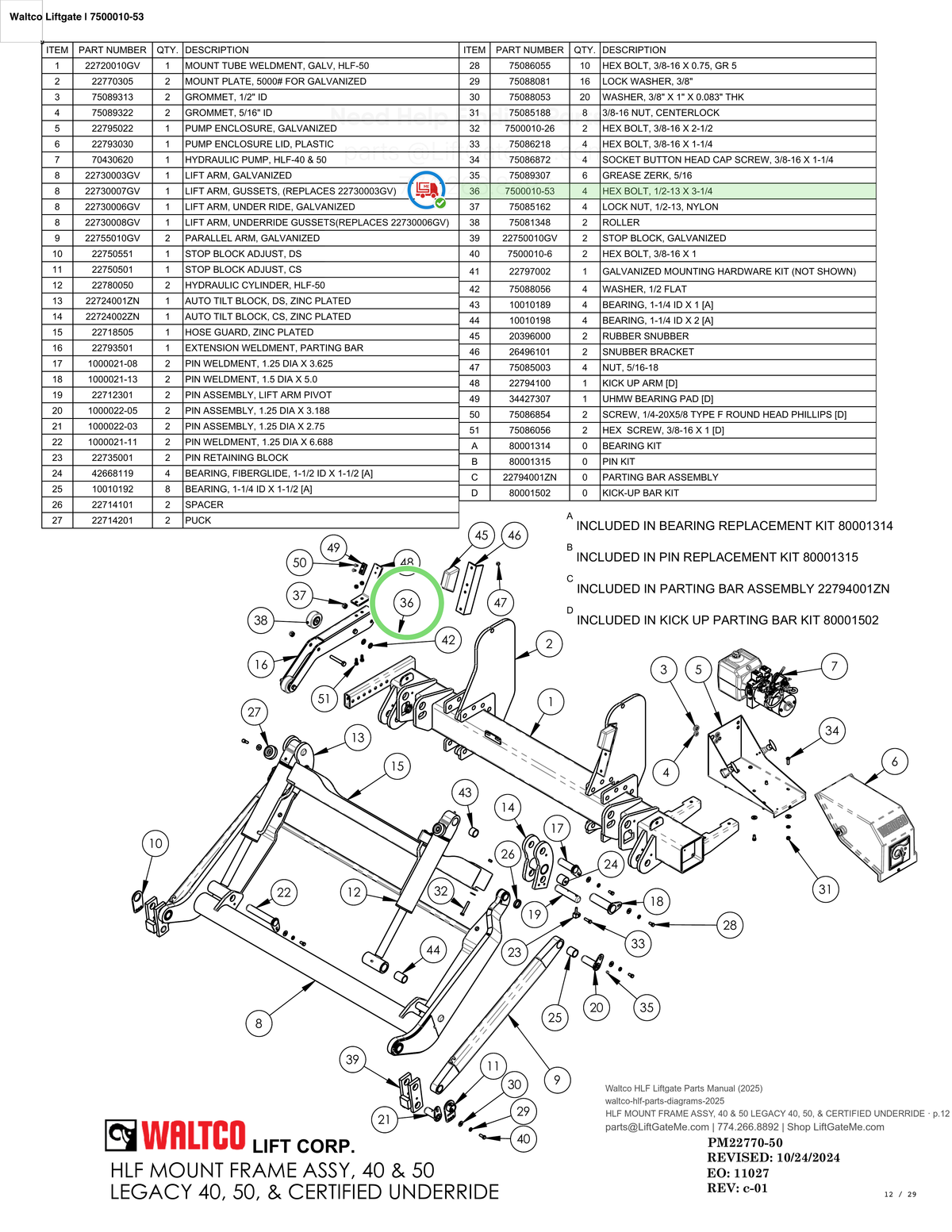 Waltco Liftgate | 7500010-53 — HLF MOUNT FRAME ASSY, 40 & 50 LEGACY 40, 50, & CERTIFIED UNDERRIDE · p.12 (Waltco HLF Parts Manual)