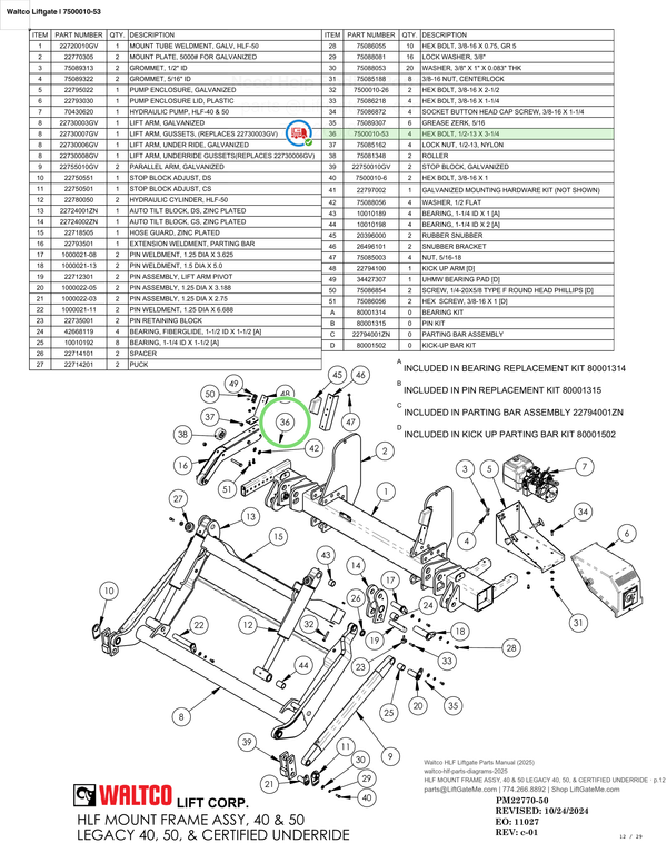 Waltco Liftgate | 7500010-53 — HLF MOUNT FRAME ASSY, 40 & 50 LEGACY 40, 50, & CERTIFIED UNDERRIDE · p.12 (Waltco HLF Parts Manual)