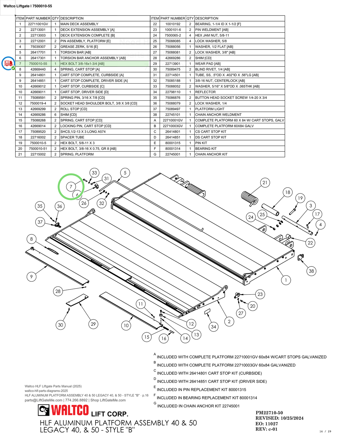 Waltco Liftgate | 7500010-55 — HLF ALUMINUM PLATFORM ASSEMBLY 40 & 50 LEGACY 40, & 50 - STYLE "B" · p.16 (Waltco HLF Parts Manual)
