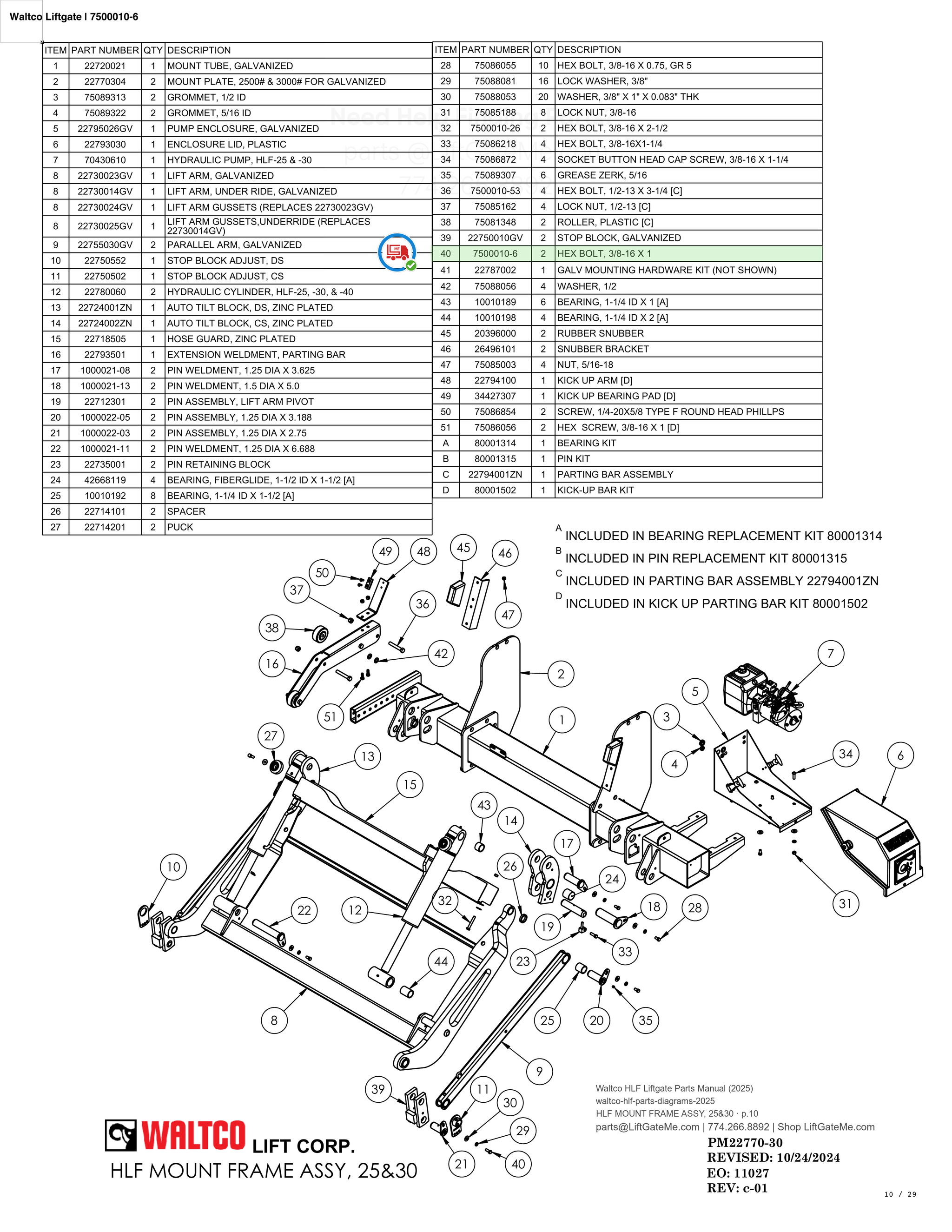 Waltco Liftgate | 7500010-6 — HLF MOUNT FRAME ASSY, 25&30 · p.10 (Waltco HLF Parts Manual)