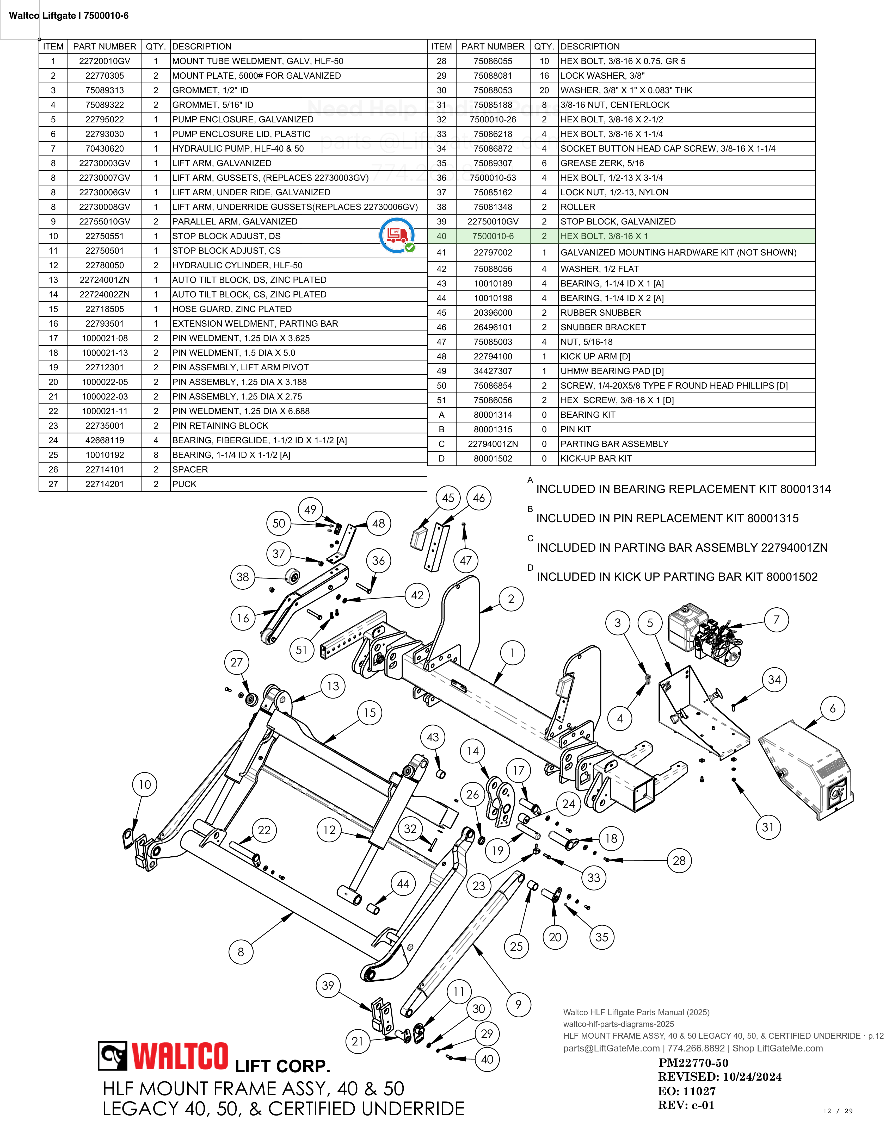 Waltco Liftgate | 7500010-6 — HLF MOUNT FRAME ASSY, 40 & 50 LEGACY 40, 50, & CERTIFIED UNDERRIDE · p.12 (Waltco HLF Parts Manual)