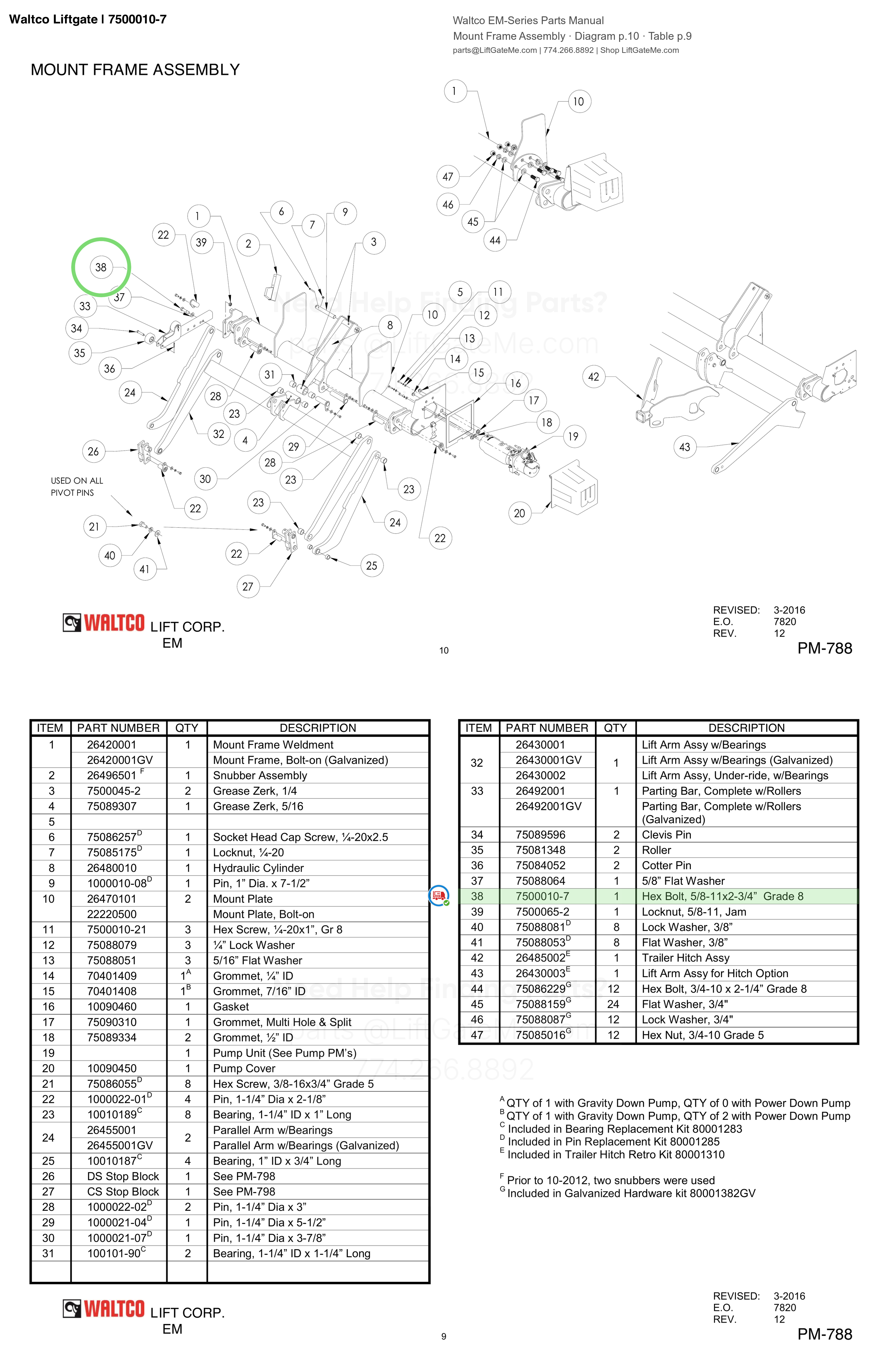 Waltco Liftgate | 7500010-7 — Mount Frame Assembly · Diagram p.10 · Table p.9 (Waltco EM-Series Parts Manual)