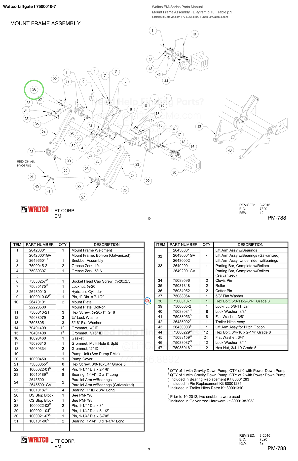 Waltco Liftgate | 7500010-7 — Mount Frame Assembly · Diagram p.10 · Table p.9 (Waltco EM-Series Parts Manual)