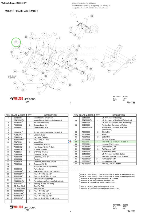 Waltco Liftgate | 7500010-7 — Mount Frame Assembly · Diagram p.10 · Table p.9 (Waltco EM-Series Parts Manual)