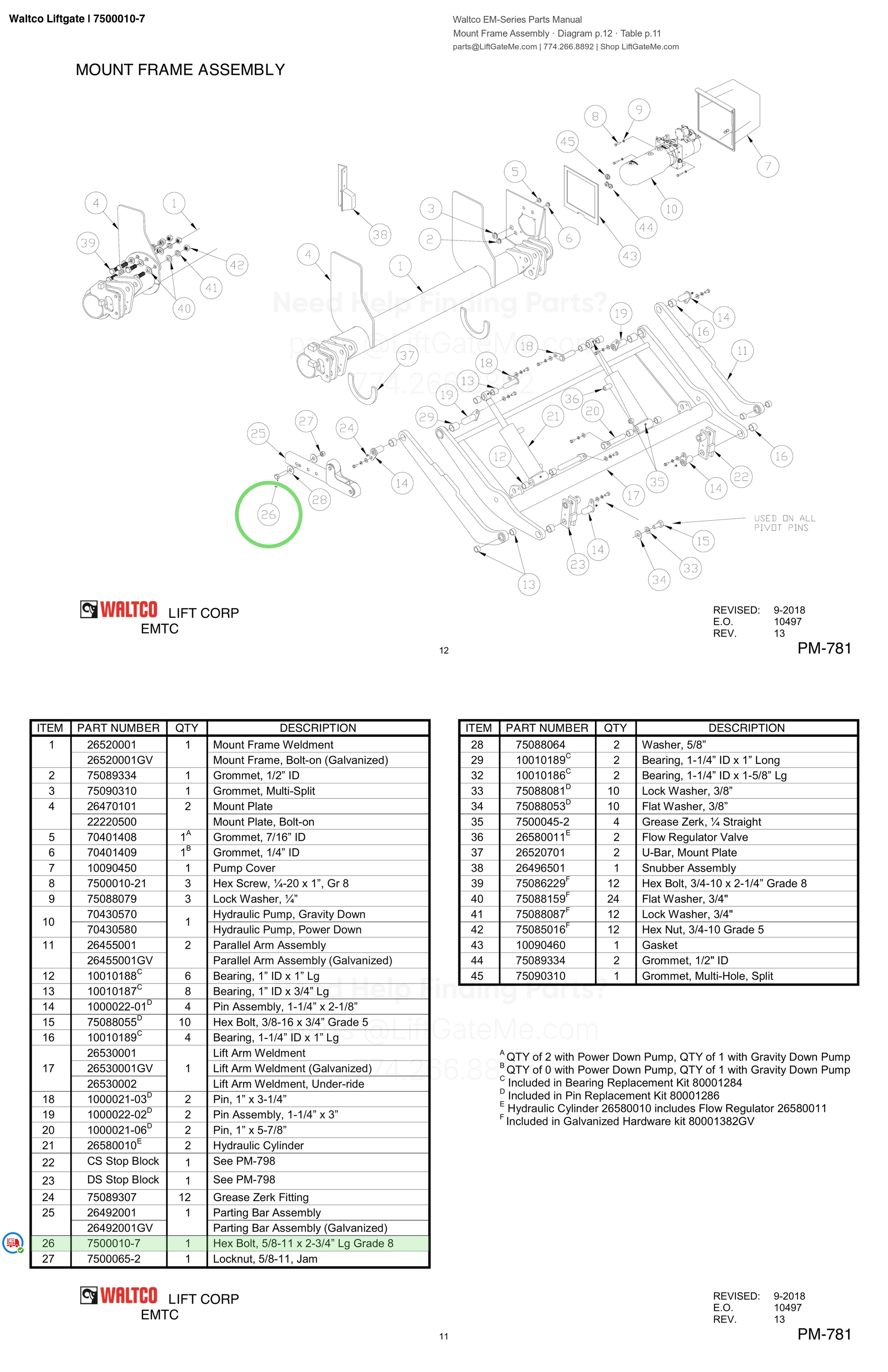Waltco Liftgate | 7500010-7 — Mount Frame Assembly · Diagram p.12 · Table p.11 (Waltco EM-Series Parts Manual)