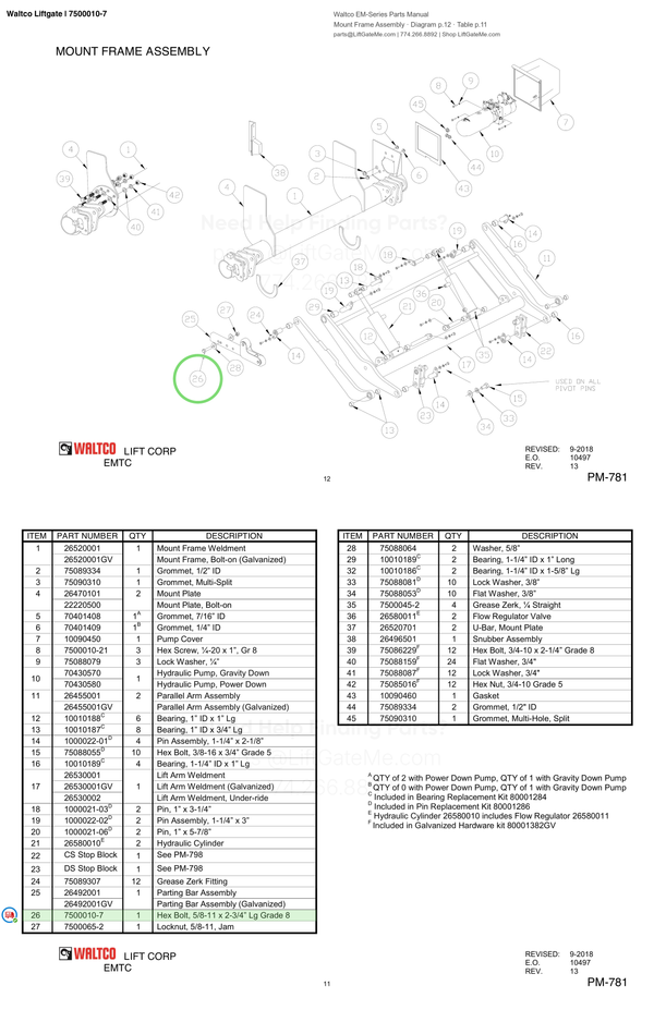 Waltco Liftgate | 7500010-7 — Mount Frame Assembly · Diagram p.12 · Table p.11 (Waltco EM-Series Parts Manual)