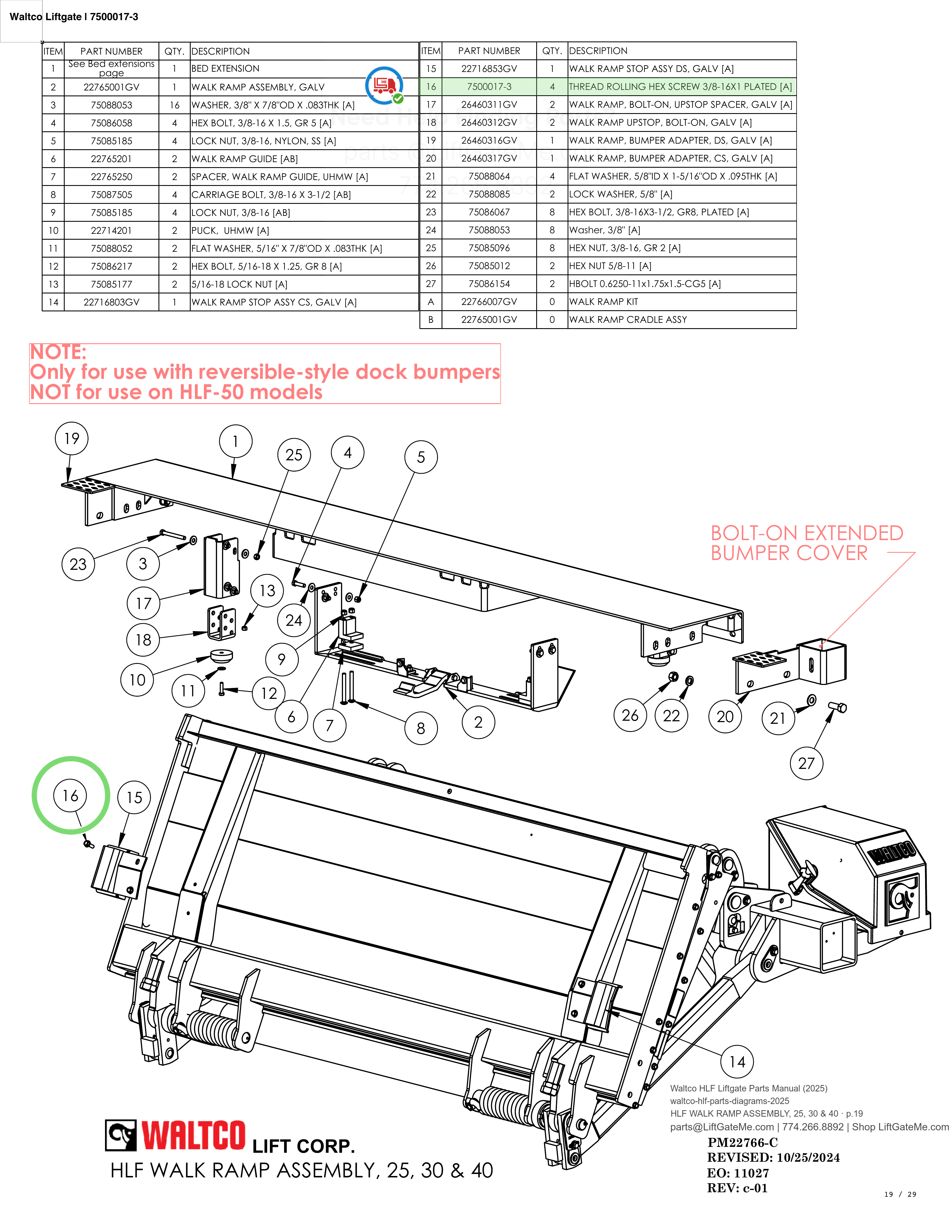 Waltco Liftgate | 7500017-3 — HLF WALK RAMP ASSEMBLY, 25, 30 & 40 · p.19 (Waltco HLF Parts Manual)