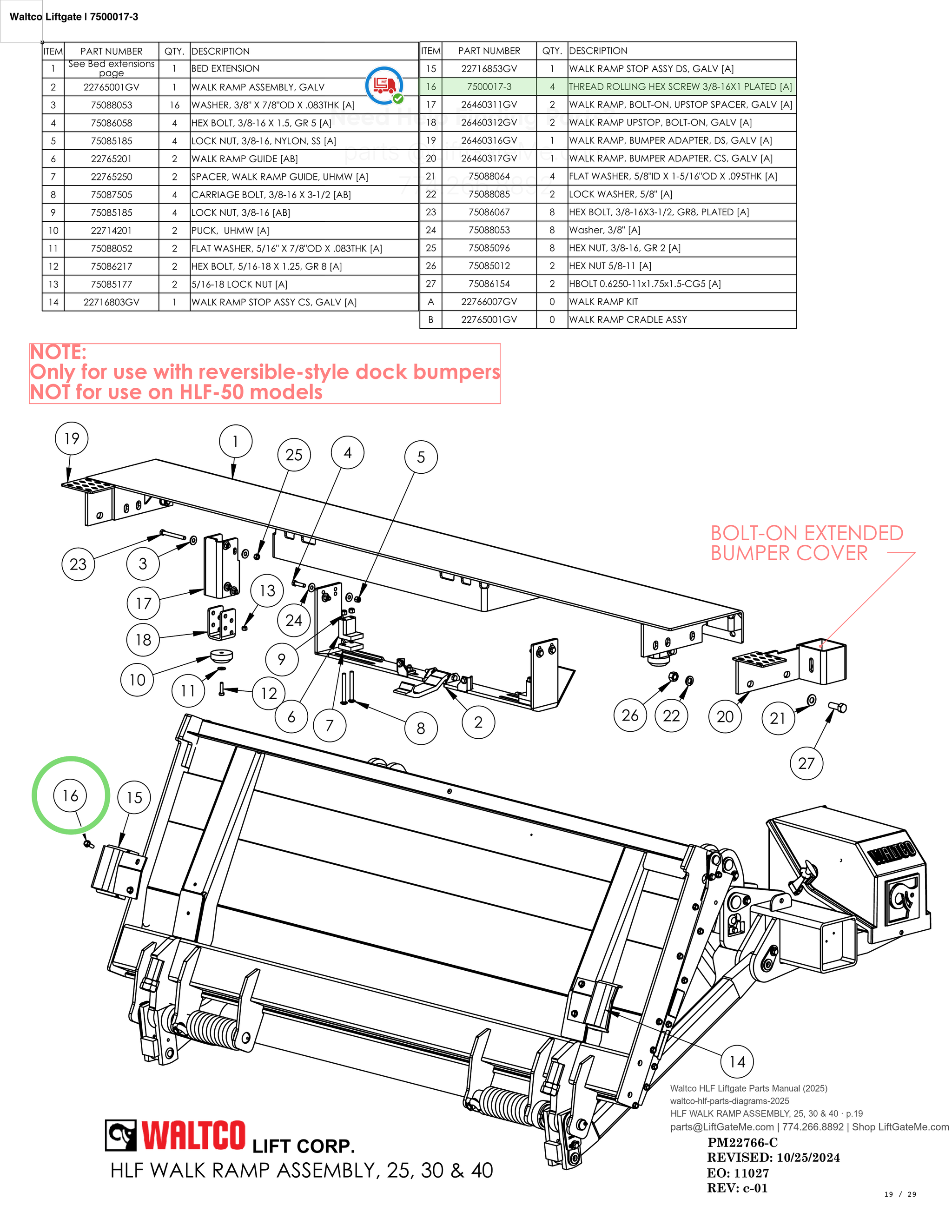 Waltco Liftgate | 7500017-3 — HLF WALK RAMP ASSEMBLY, 25, 30 & 40 · p.19 (Waltco HLF Parts Manual)